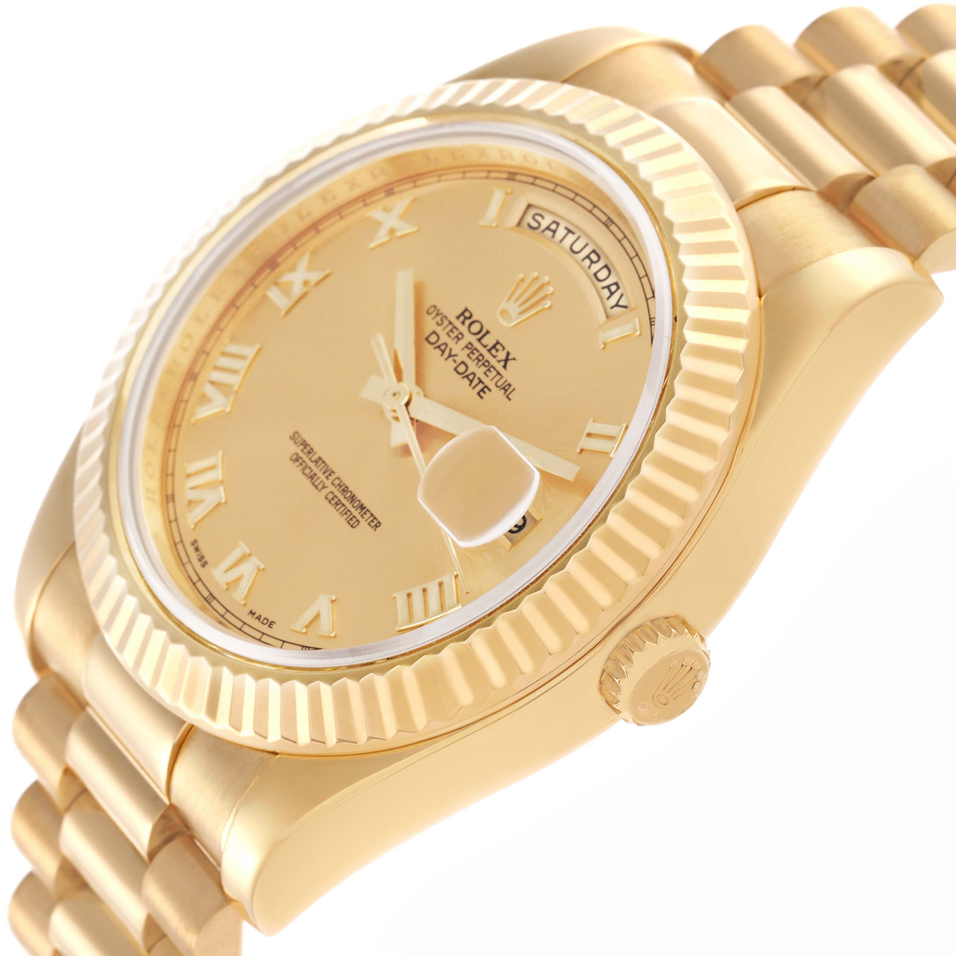 The Rolex President 218238 Men's Yellow Gold Champagne Dial 218238 Men's Yellow Gold Champagne Dial model watch is shown from a side angle, highlighting the bezel, dial, and part of the bracelet.