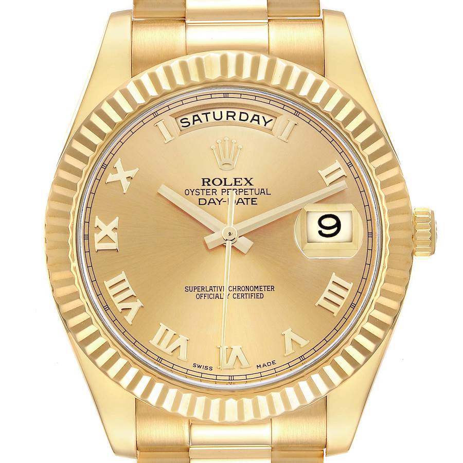 The Rolex President watch is shown from a front angle, displaying the dial, day, and date features.