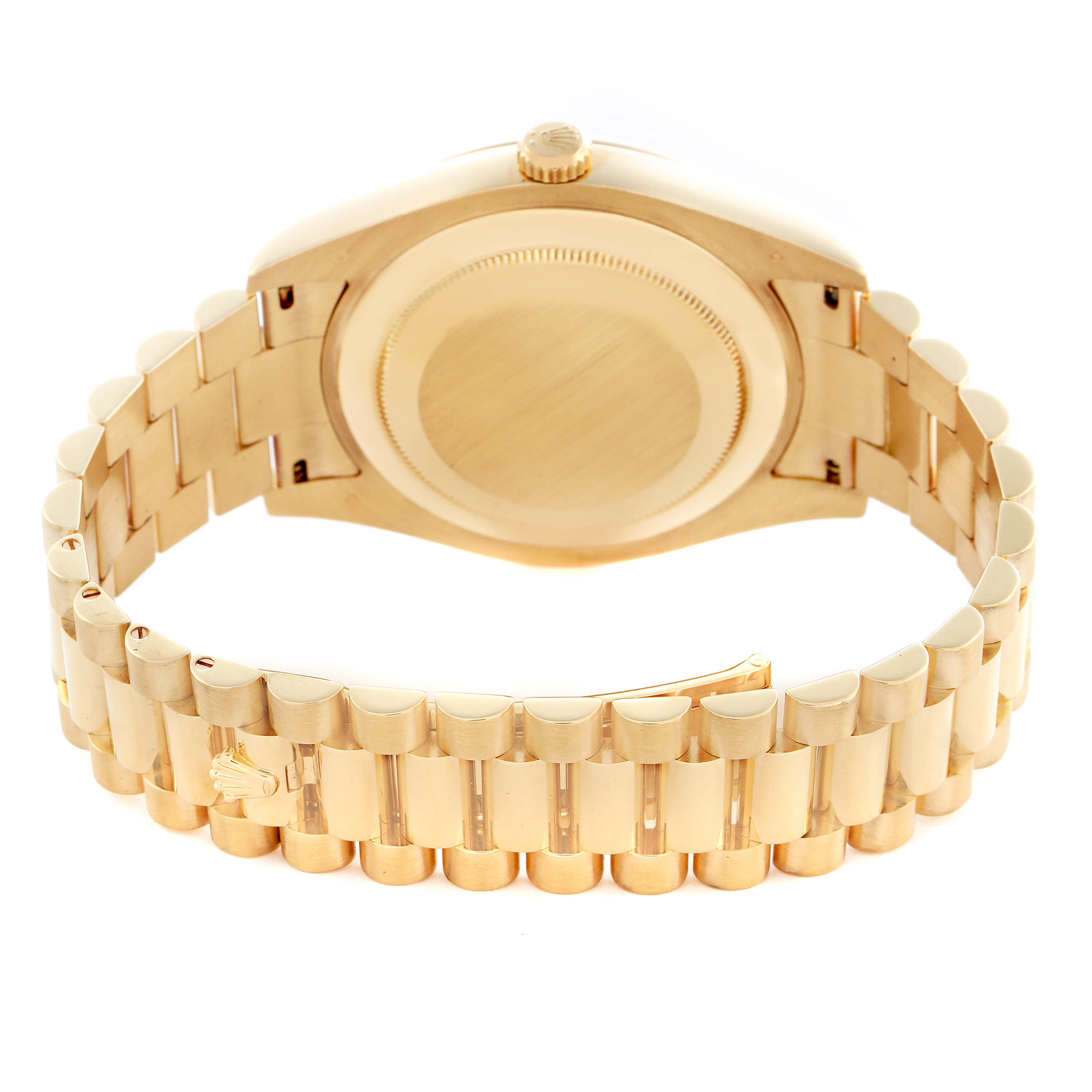 The image shows the back case and bracelet clasp of a Rolex President 218238 Men's Yellow Gold Champagne Dial 218238 Men's Yellow Gold Champagne Dial model watch from a rear angle.