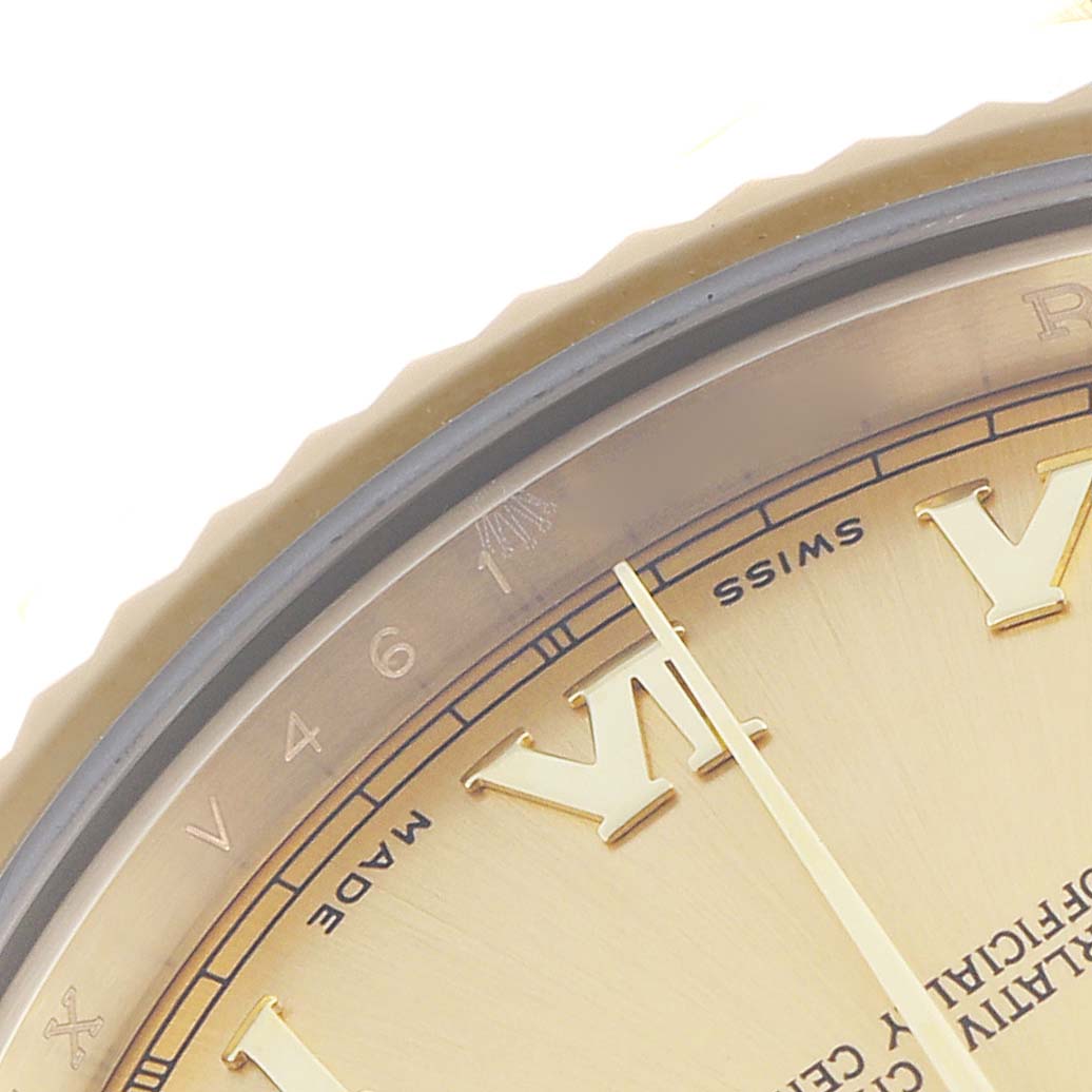 The image shows a close-up of the dial edge and bezel of a Rolex President 218238 Men's Yellow Gold Champagne Dial 218238 Men's Yellow Gold Champagne Dial watch, highlighting the Roman numeral and branding details.