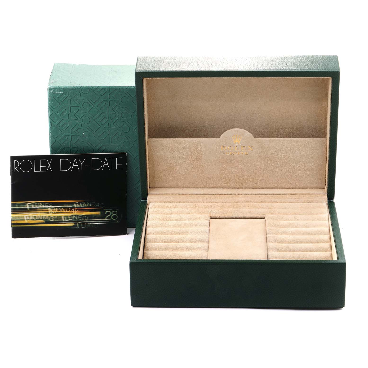 The image shows a green Rolex President 18238 Men
s Yellow Gold Blue Dial 18238 Men
s Yellow Gold Blue Dial model watch box with its interior and a Rolex Day-Date booklet angled beside it.