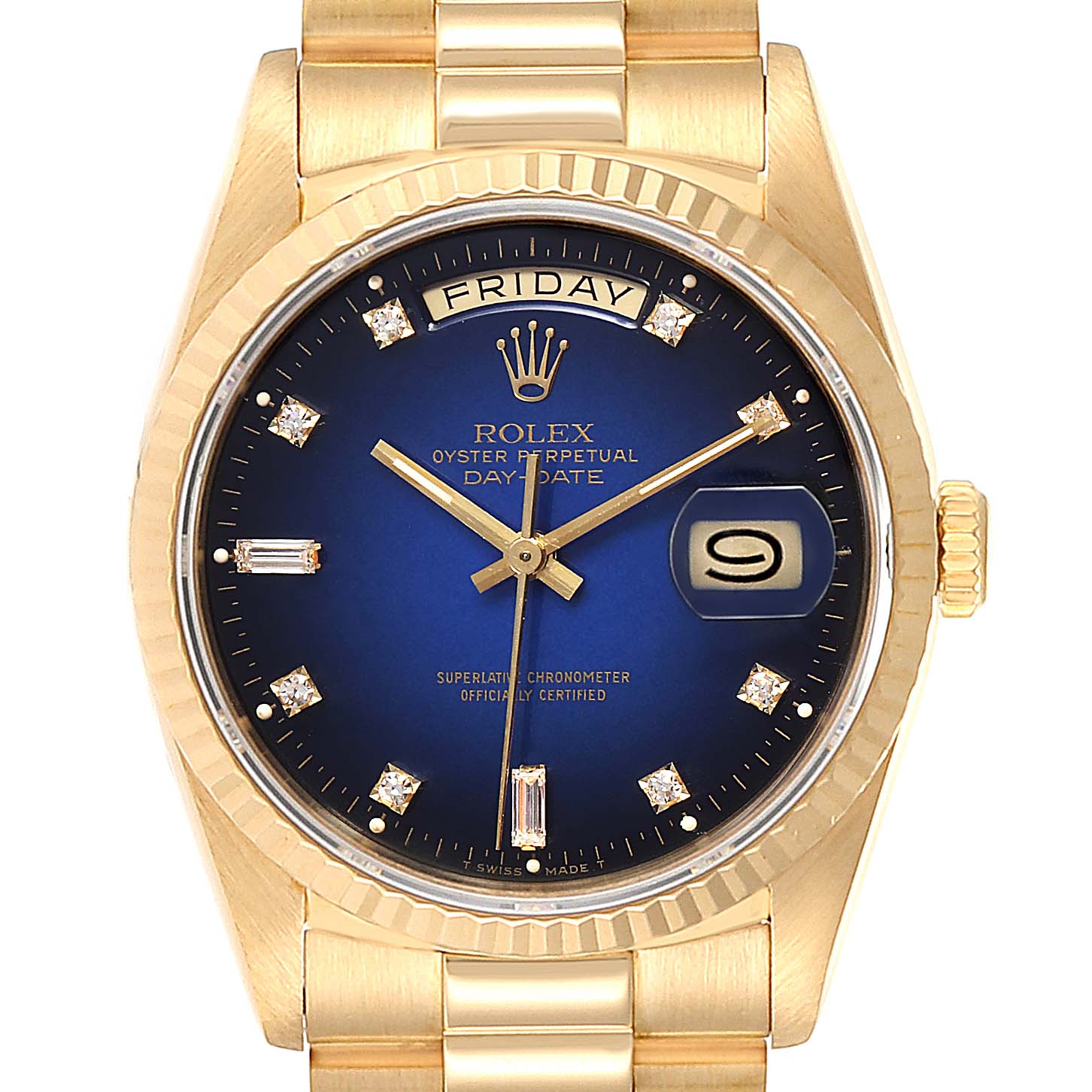 The image shows a Rolex President 18238 Men
s Yellow Gold Blue Dial 18238 Men
s Yellow Gold Blue Dial model watch from the front, highlighting the dial, bezel, and part of the bracelet.