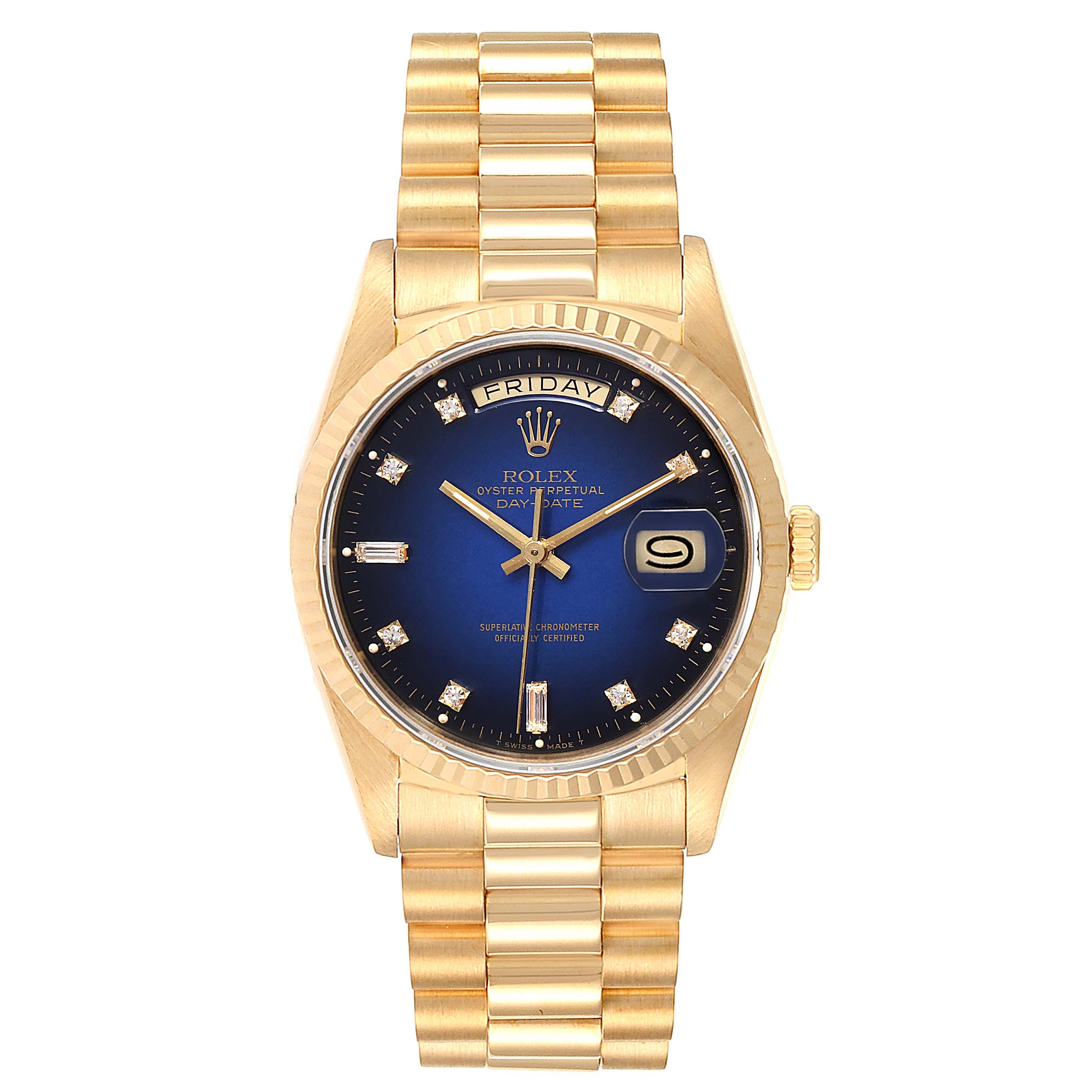 The Rolex President 18238 Men
s Yellow Gold Blue Dial 18238 Men
s Yellow Gold Blue Dial model watch is shown from a front angle, displaying its gold bracelet, blue dial, day, and date features.