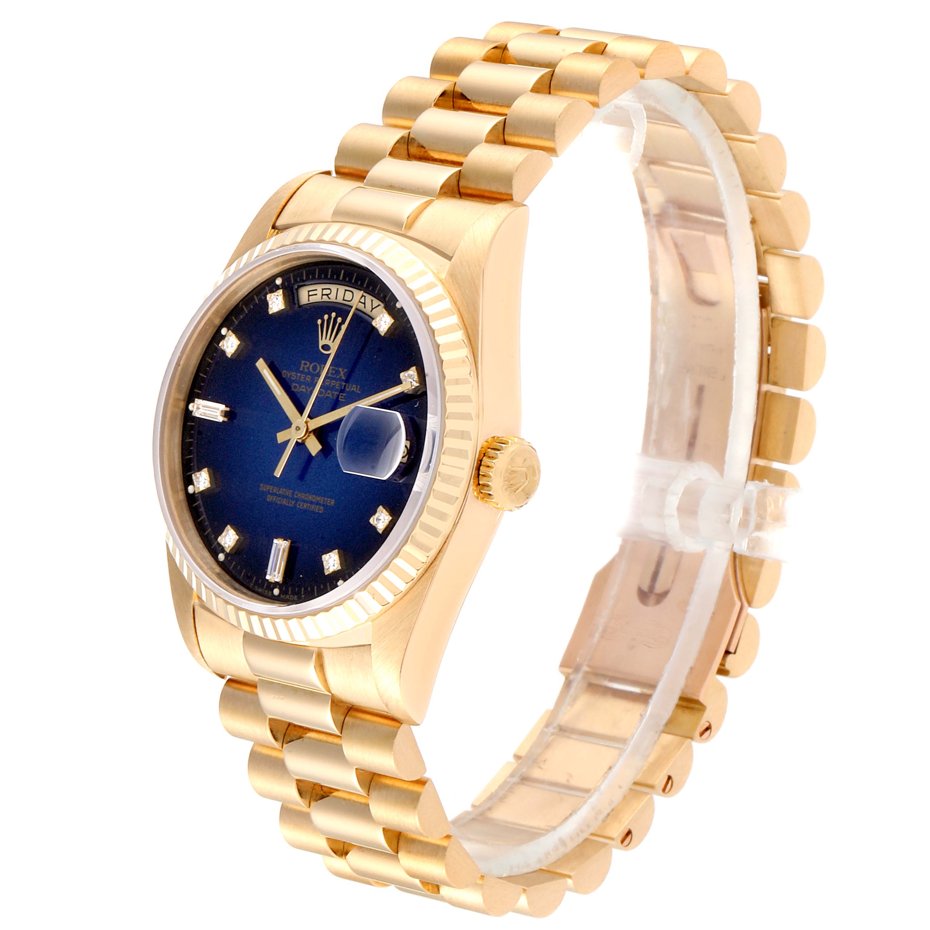 This image shows the front and side of a Rolex President 18238 Men
s Yellow Gold Blue Dial 18238 Men
s Yellow Gold Blue Dial model watch with a gold band, blue dial, and fluted bezel.