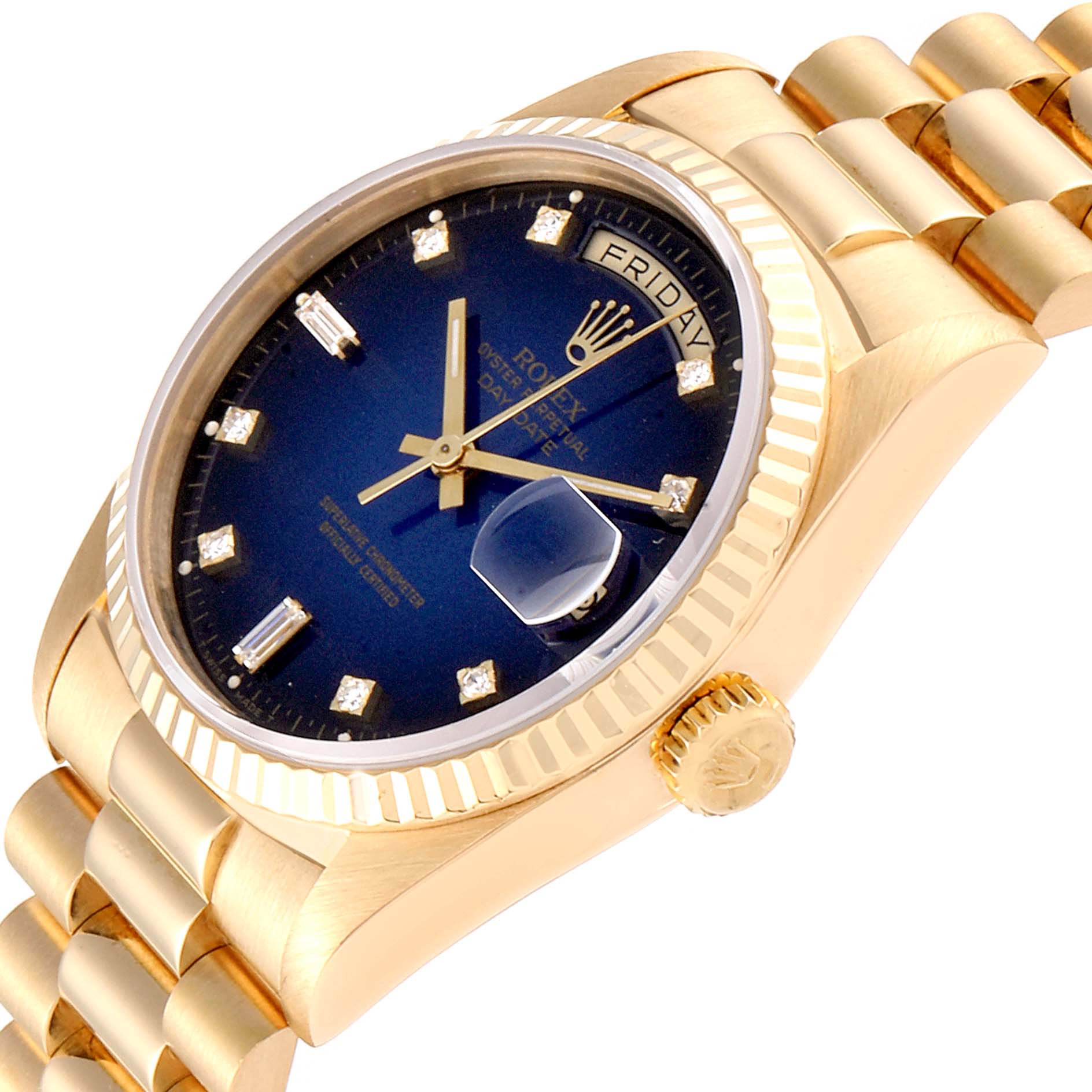 The Rolex President 18238 Men
s Yellow Gold Blue Dial 18238 Men
s Yellow Gold Blue Dial model watch is shown at a three-quarter angle, highlighting the gold band, blue dial, date window, and fluted bezel.