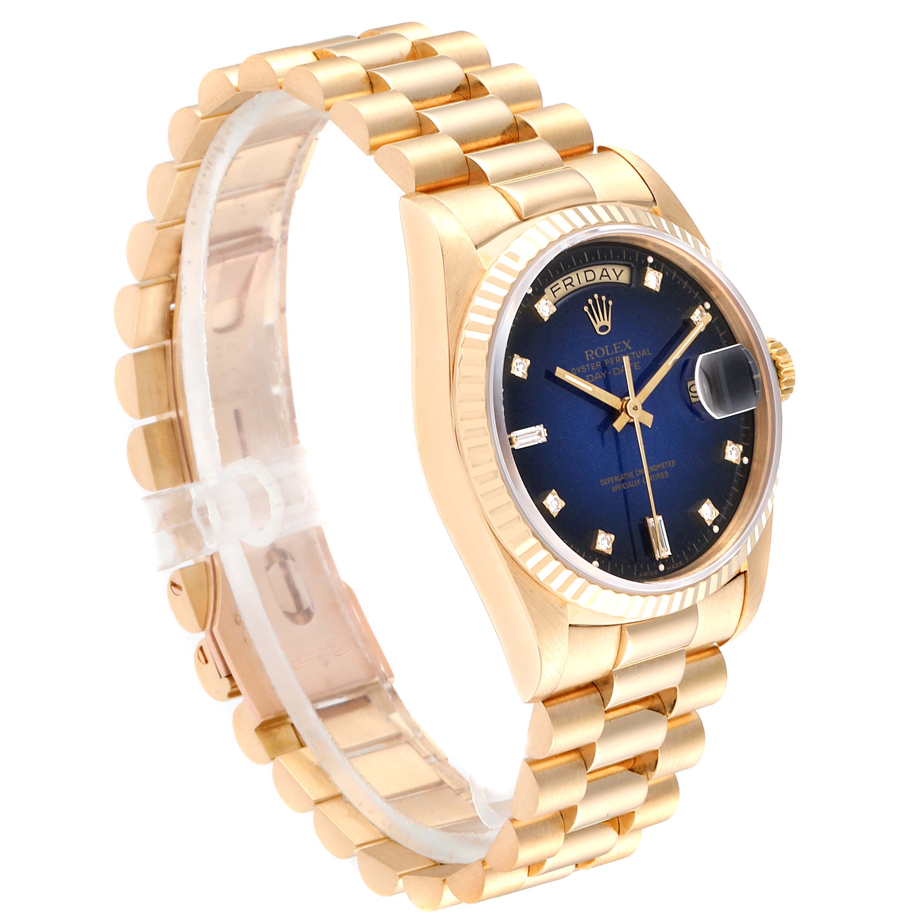 This image shows a side-angle view of a Rolex President 18238 Men
s Yellow Gold Blue Dial 18238 Men
s Yellow Gold Blue Dial model watch, highlighting the band, case, and dial.