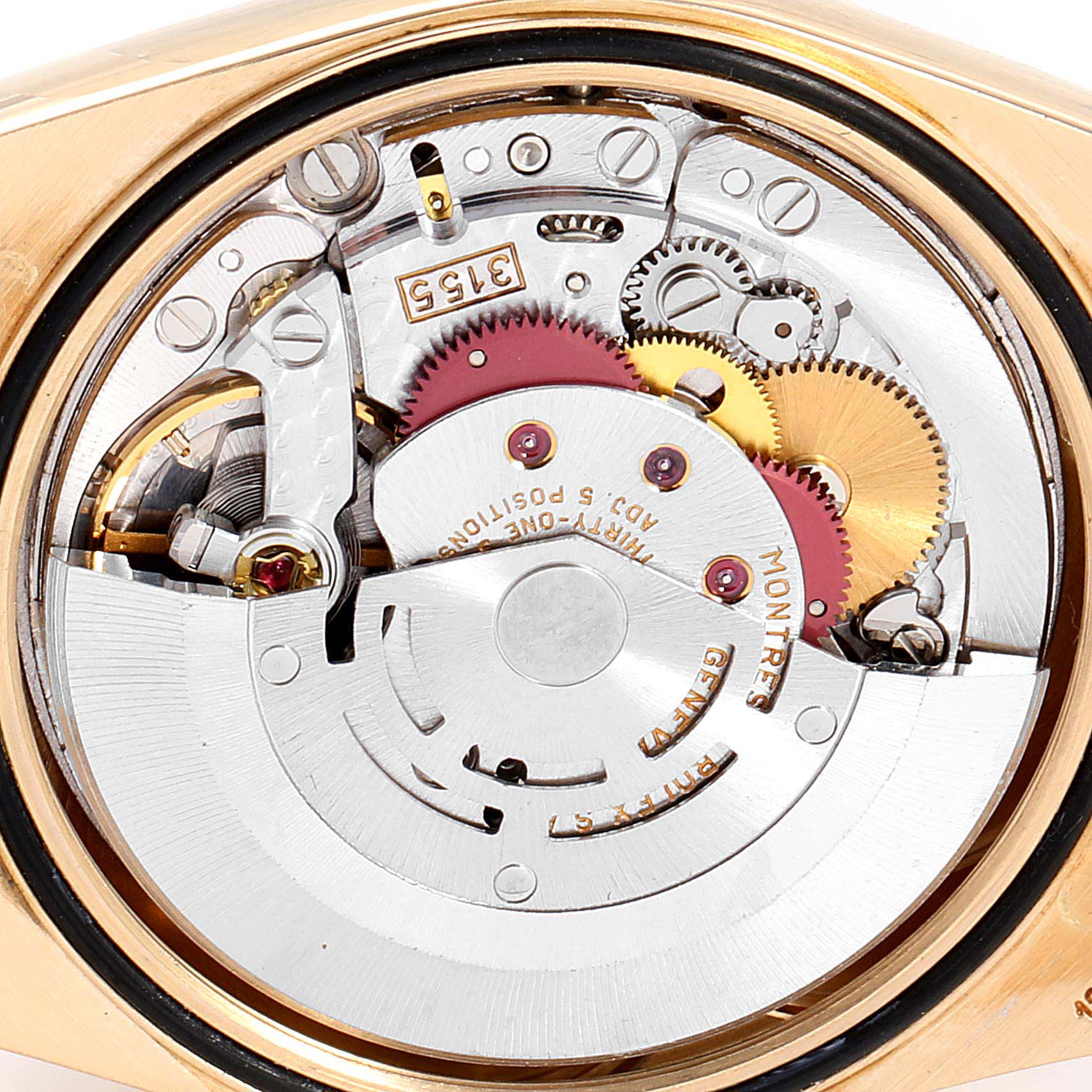 This image shows the internal movement mechanism of a Rolex President 18238 Men
s Yellow Gold Blue Dial 18238 Men
s Yellow Gold Blue Dial model watch from a back angle.