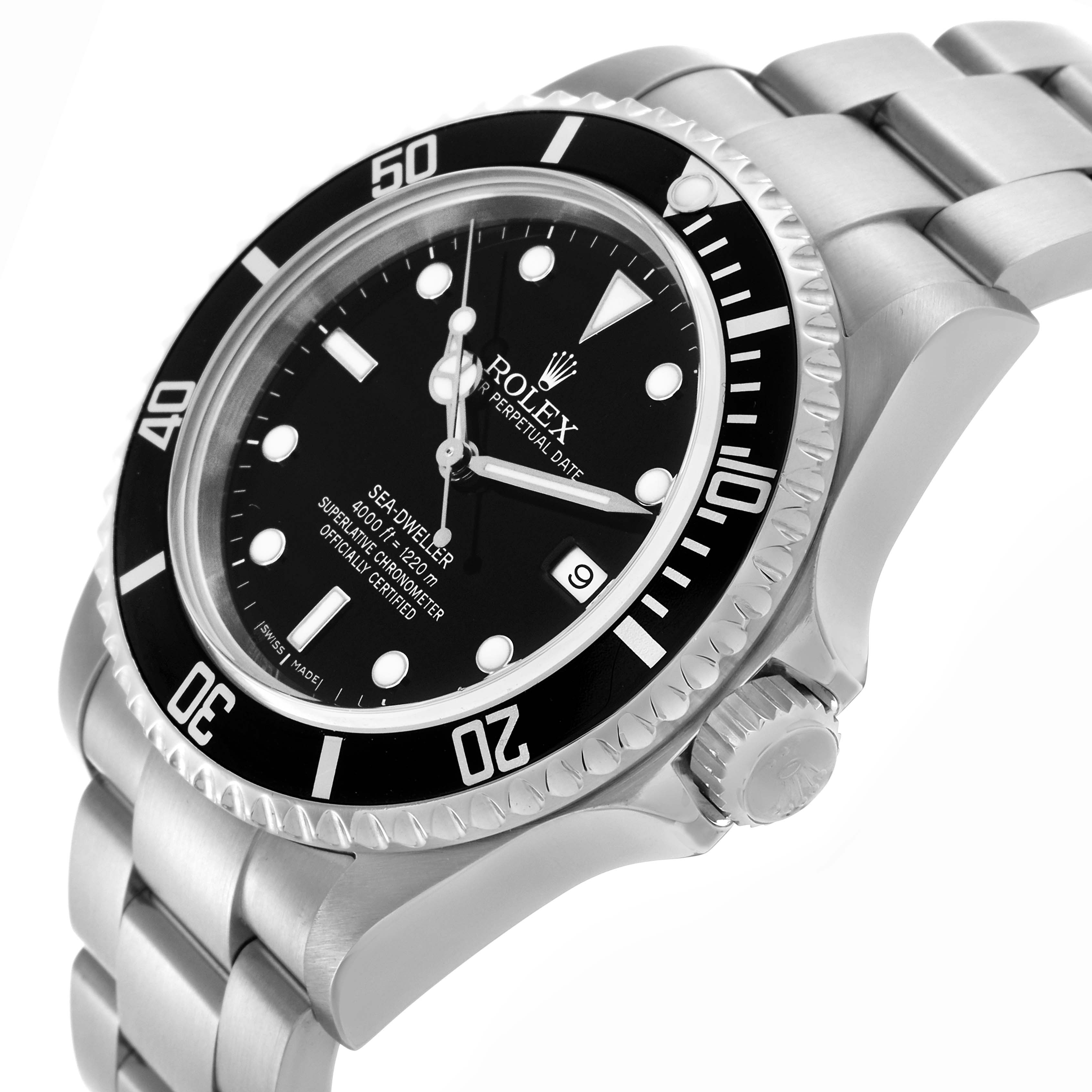 The Rolex Sea-Dweller 16600 Men's Stainless Steel Black Dial 16600 Men's Stainless Steel Black Dial watch is shown at an angled view highlighting the bezel, crown, and bracelet.