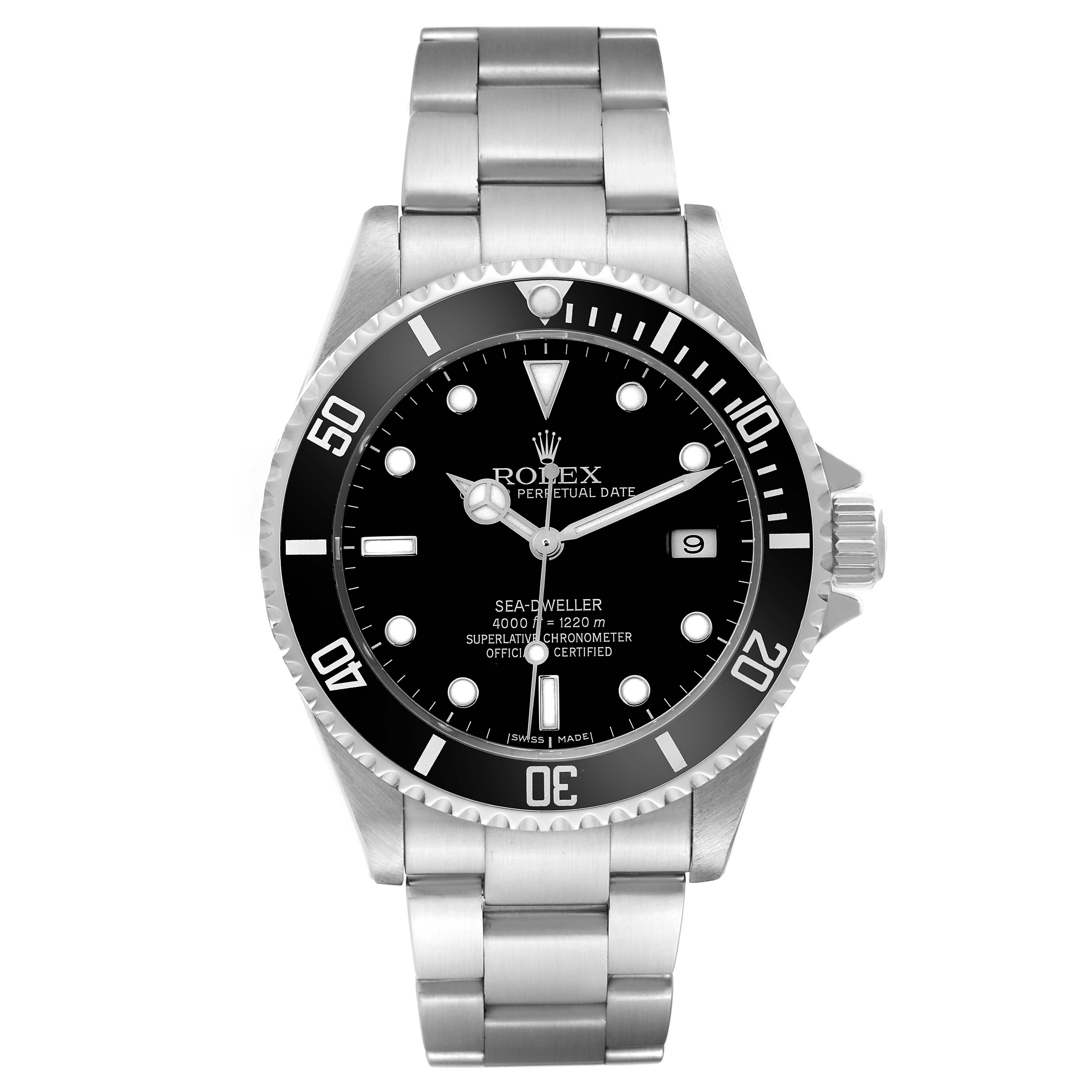 The Rolex Sea-Dweller 16600 Men's Stainless Steel Black Dial 16600 Men's Stainless Steel Black Dial watch is shown from the front, highlighting its face, bezel, and bracelet.