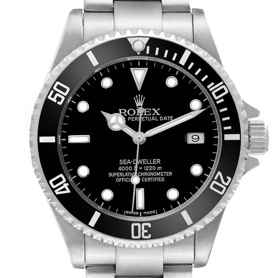The Rolex Sea-Dweller is shown from a front angle, displaying its face, bezel, and part of the bracelet.