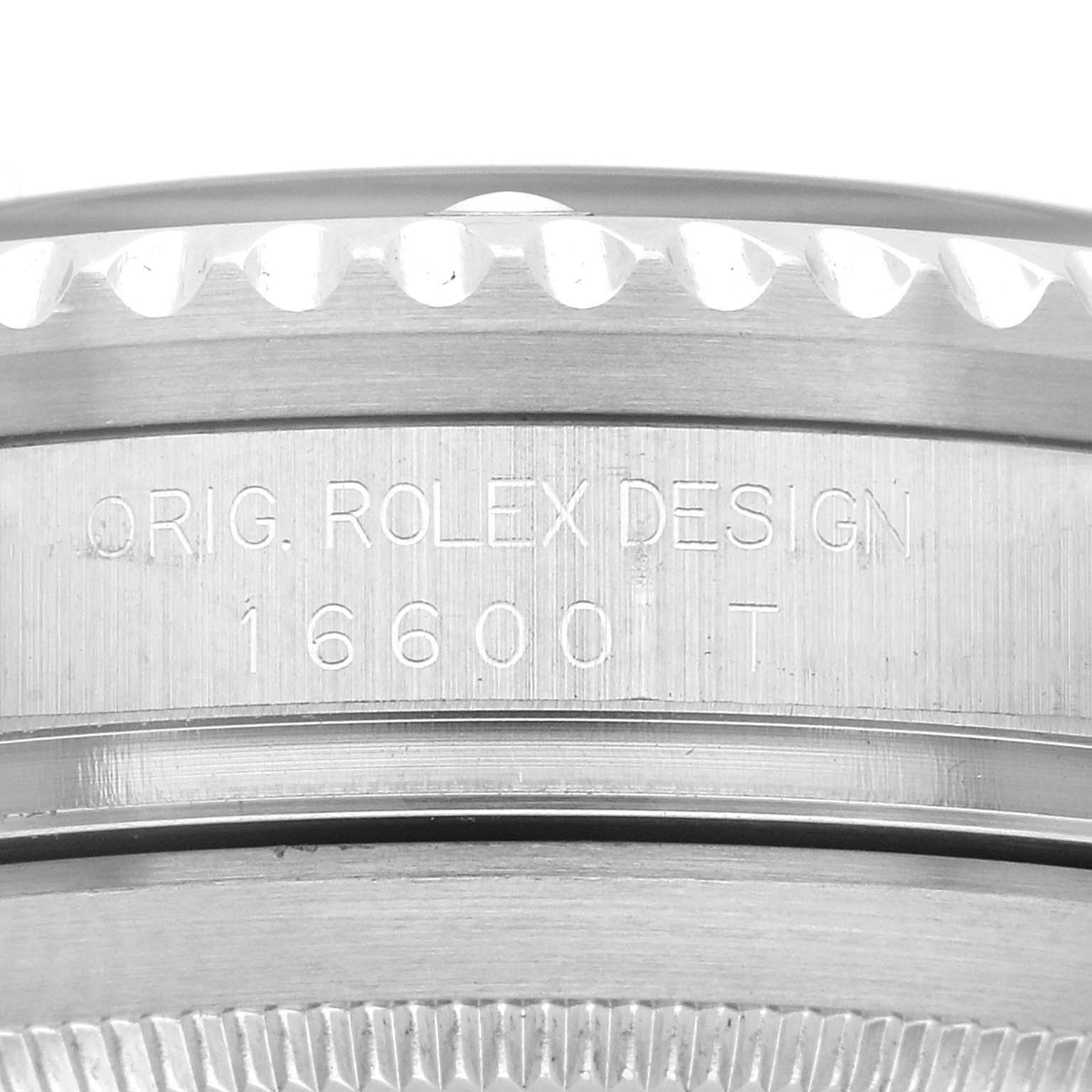 The image shows a close-up of the side of a Rolex Sea-Dweller 16600 Men's Stainless Steel Black Dial 16600 Men's Stainless Steel Black Dial watch, highlighting the model number "16600" engraved.
