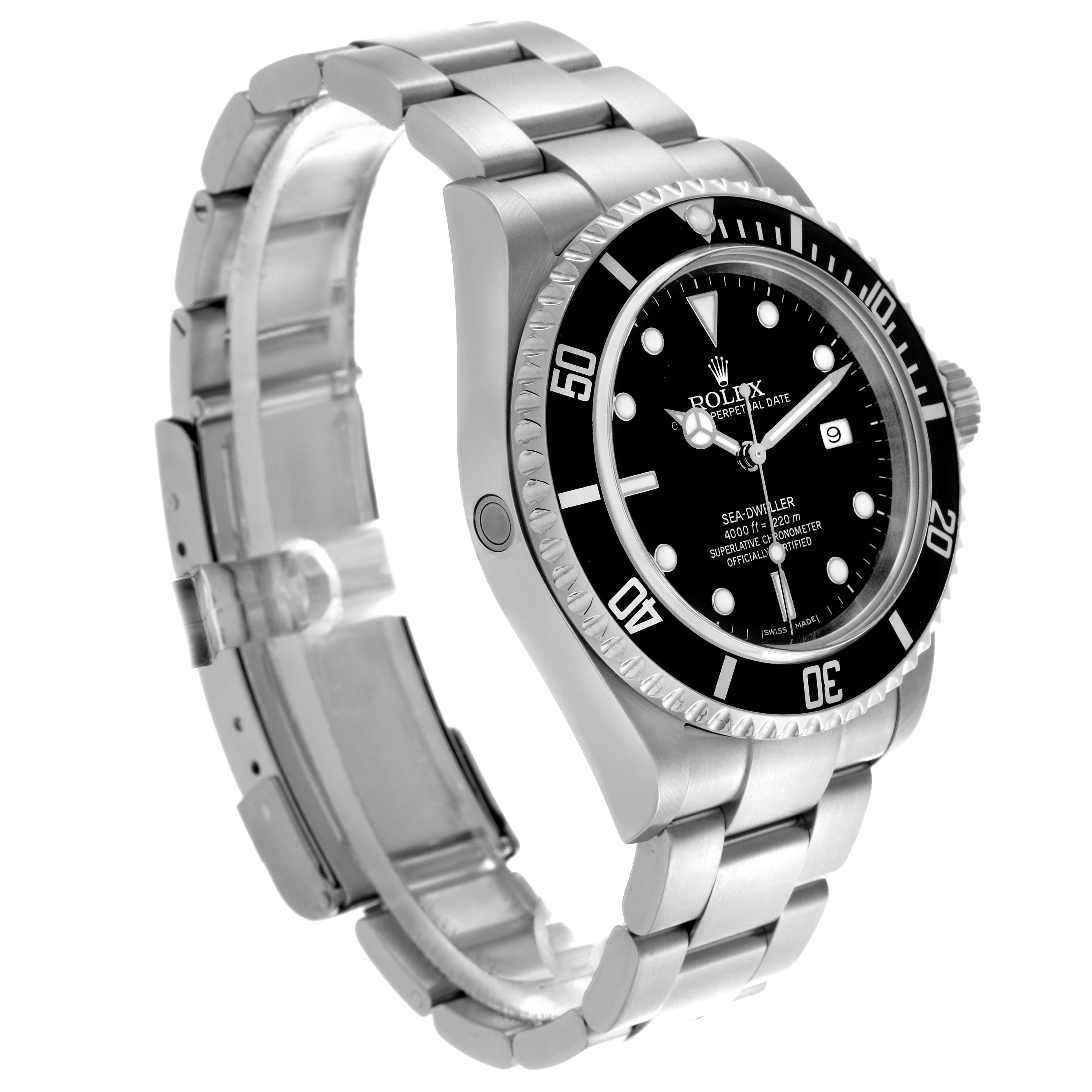 The Rolex Sea-Dweller 16600 Men's Stainless Steel Black Dial 16600 Men's Stainless Steel Black Dial watch is shown at a three-quarter angle, highlighting the bracelet, bezel, and dial.