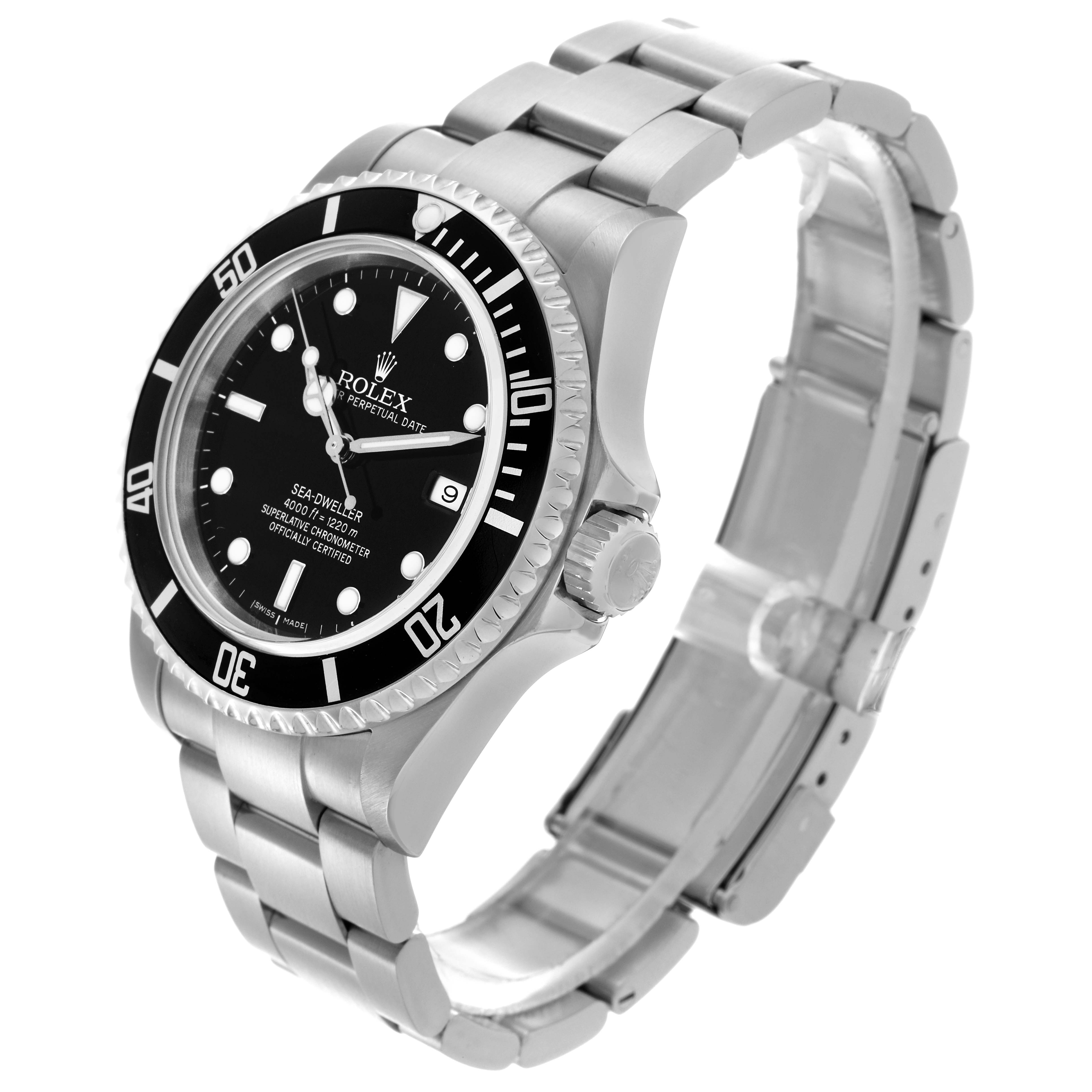 The Rolex Sea-Dweller 16600 Men's Stainless Steel Black Dial 16600 Men's Stainless Steel Black Dial watch is shown at an angled side view, displaying its dial, bezel, crown, and part of the bracelet.