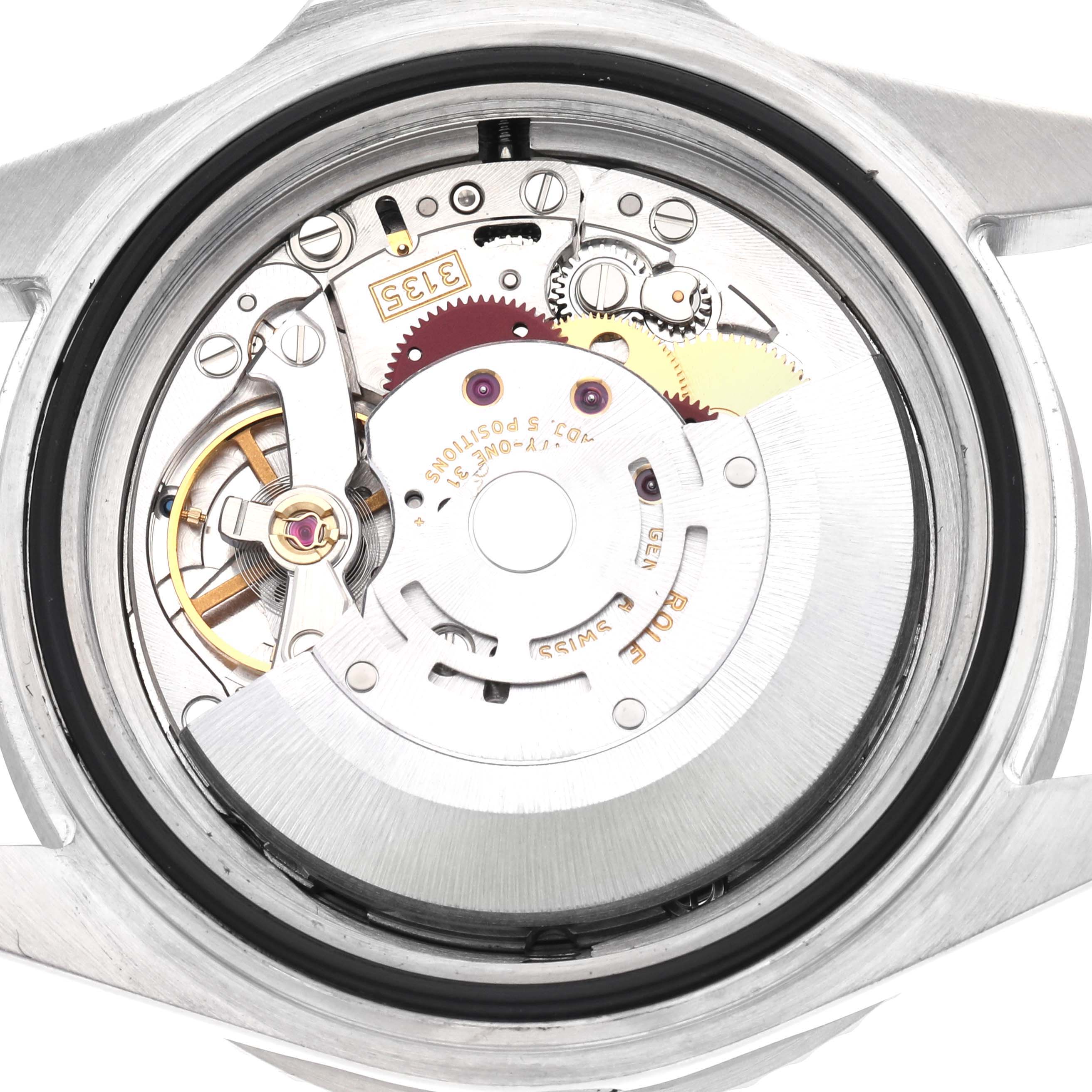 The image shows the movement of a Rolex Sea-Dweller 16600 Men's Stainless Steel Black Dial 16600 Men's Stainless Steel Black Dial watch, viewed from the back, highlighting gears and internal mechanisms.