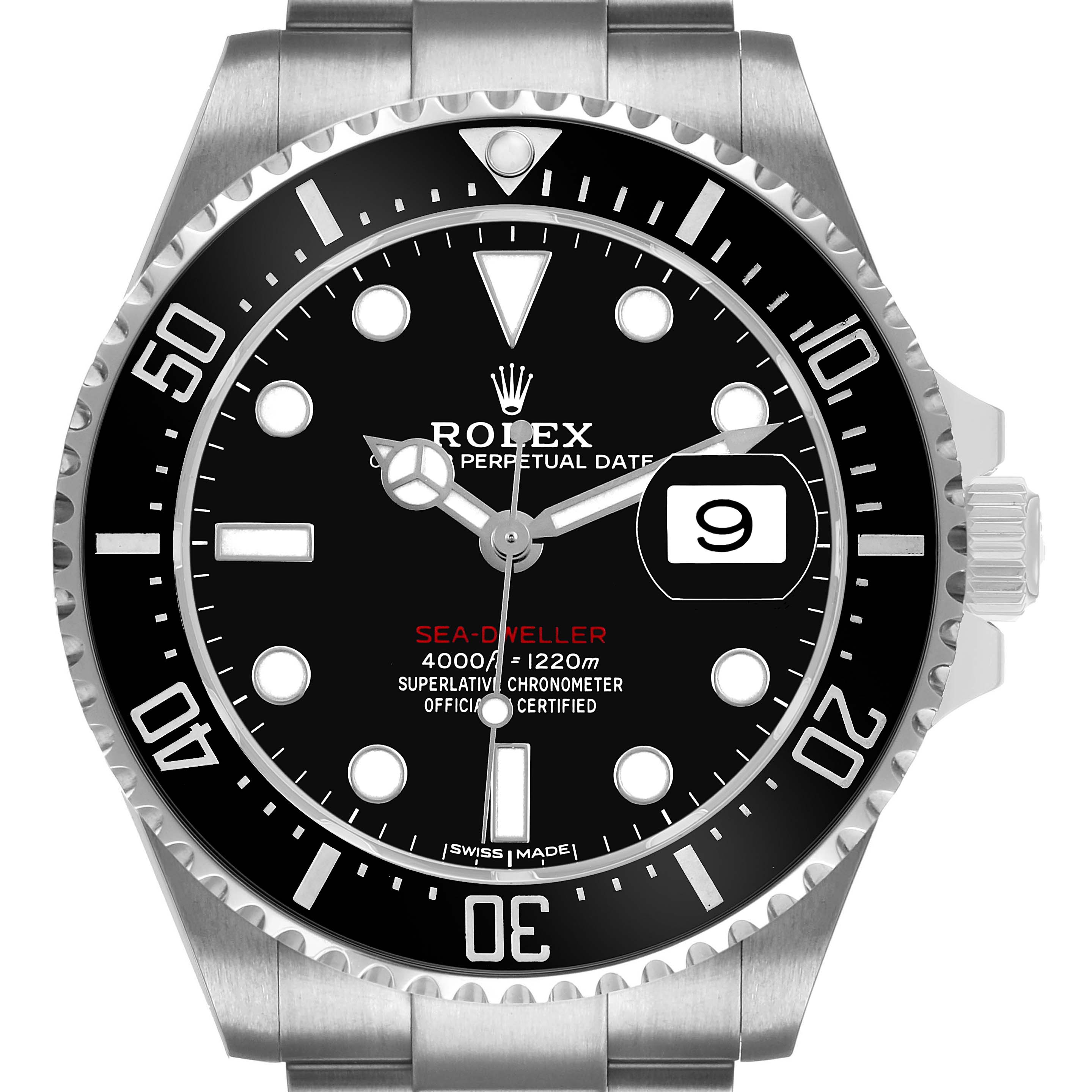The Rolex Sea-Dweller 126600 Men's Stainless Steel Black Dial watch is shown from a front view, highlighting the dial, bezel, and part of the bracelet.