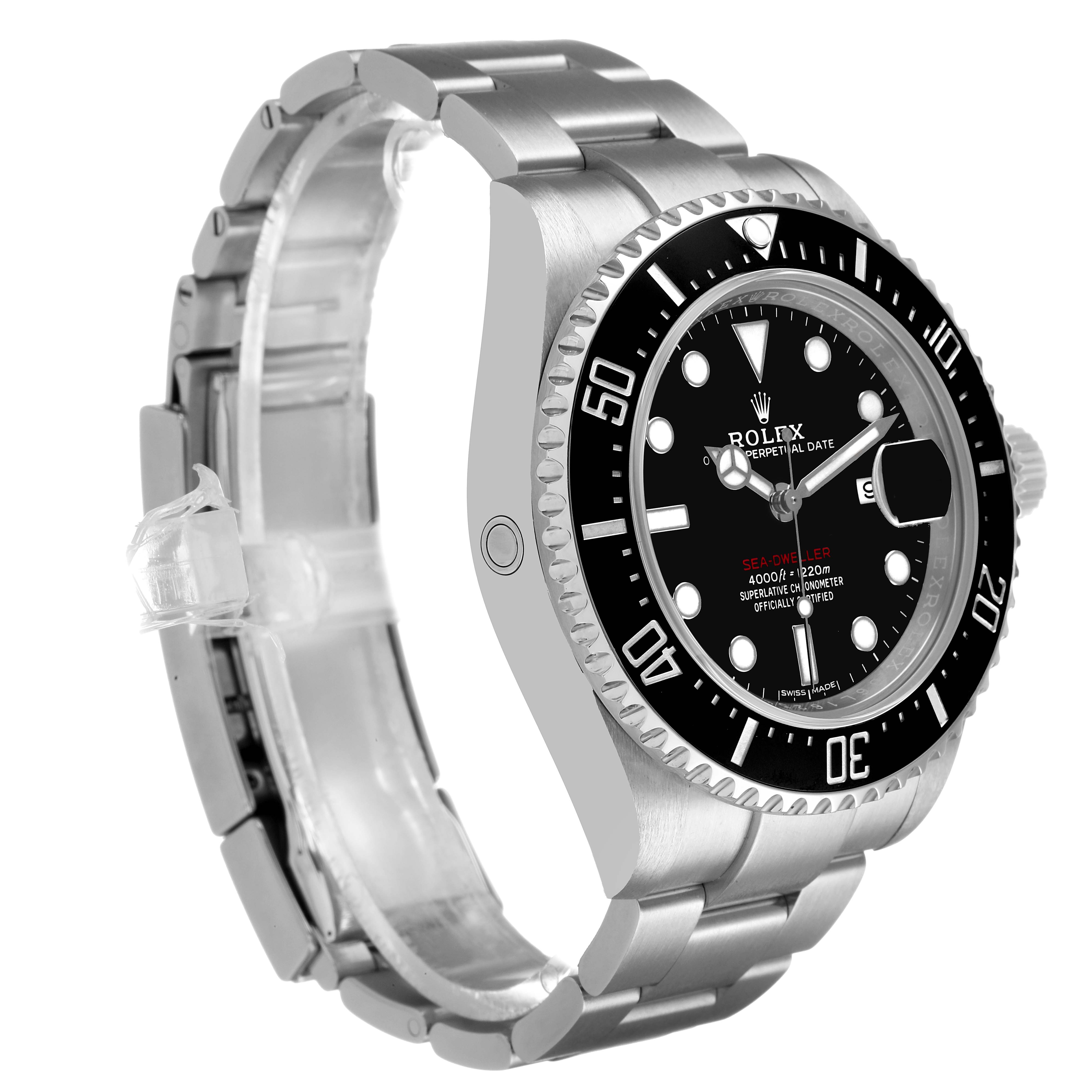 The image displays a Rolex Sea-Dweller 126600 Men's Stainless Steel Black Dial watch from a front-side angle, showing the dial, bezel, and part of the bracelet.
