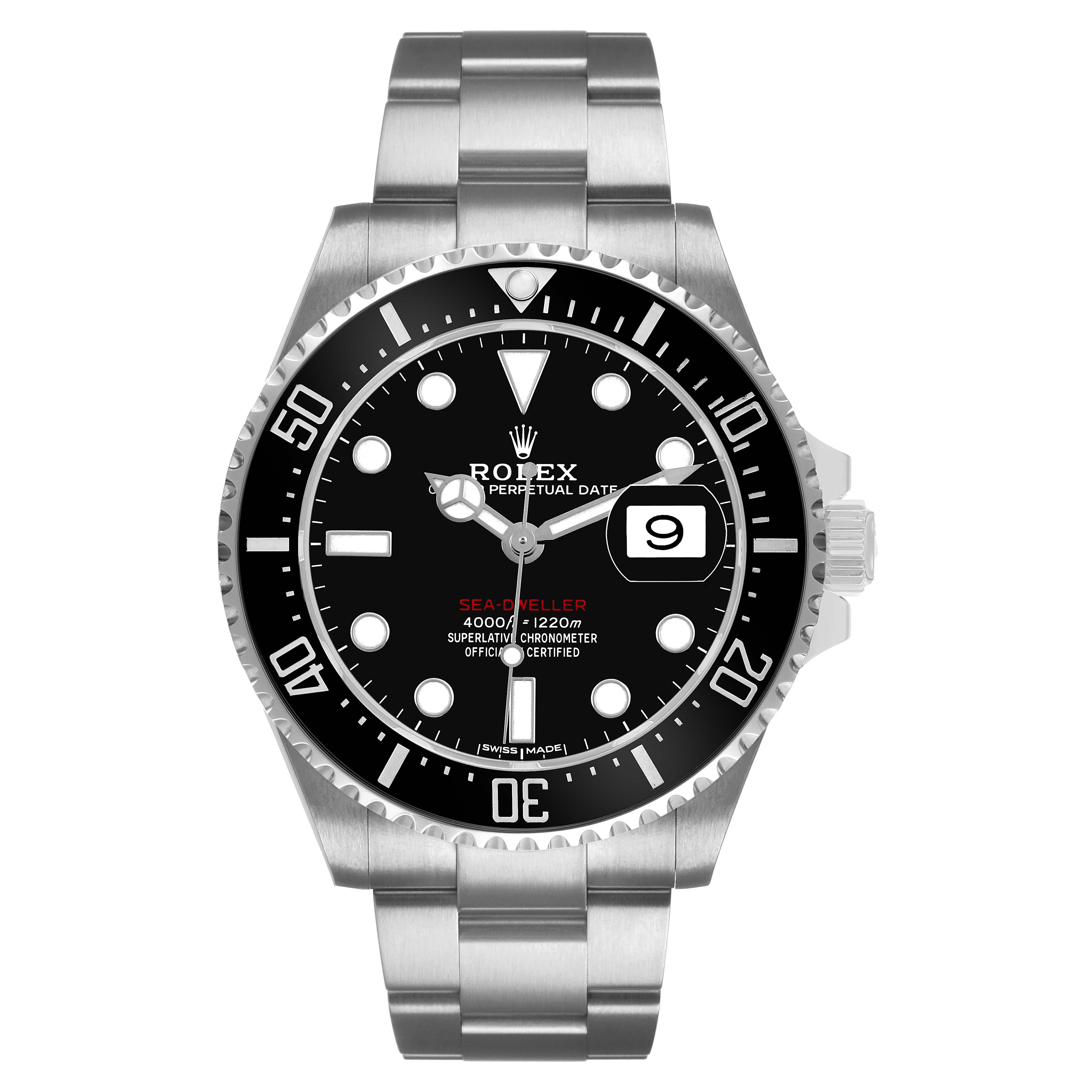 The image shows the front view of the Rolex Sea-Dweller 126600 Men's Stainless Steel Black Dial, displaying its dial, bezel, date window, and bracelet.