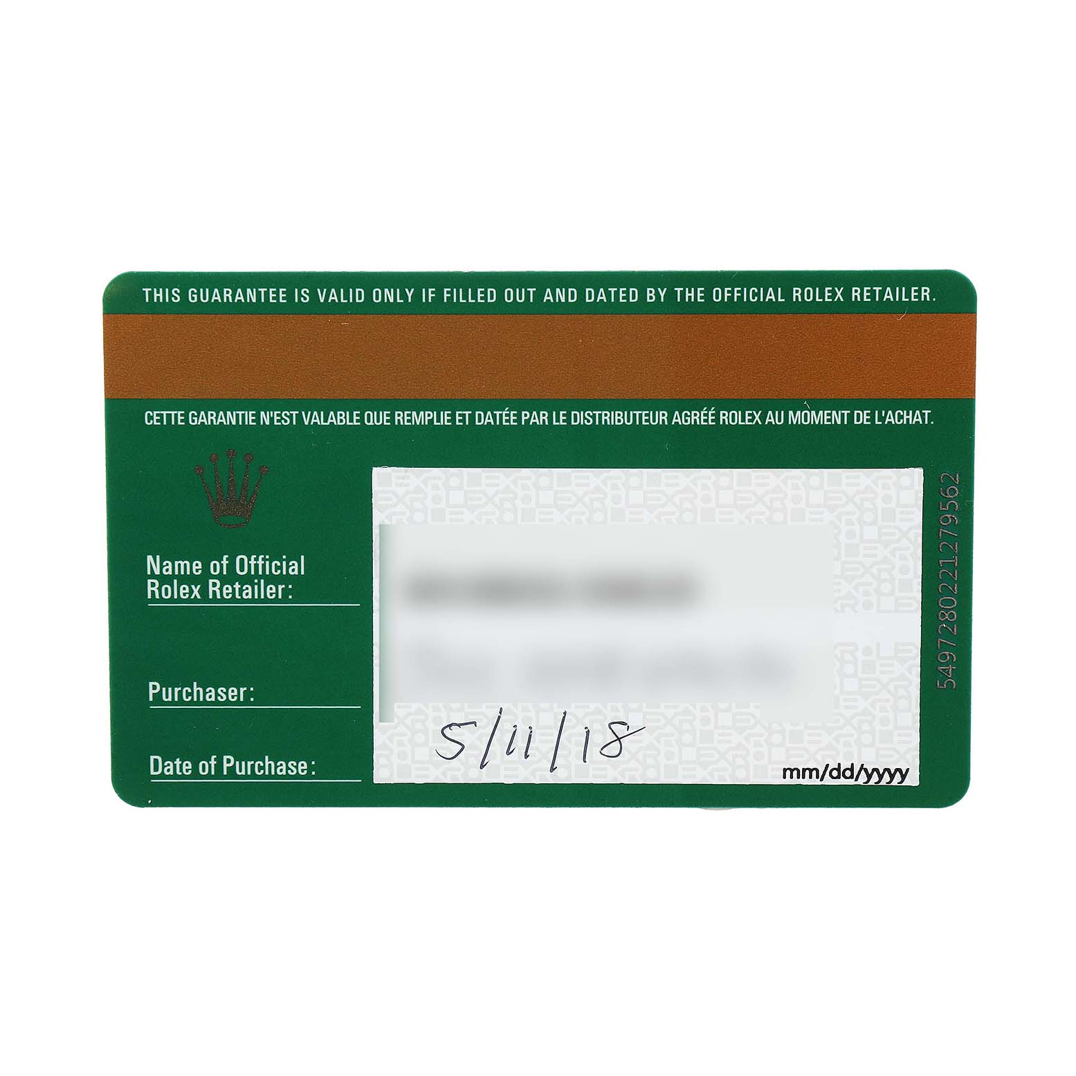 The image shows a filled-out warranty card for the Rolex Sea-Dweller 126600 Men's Stainless Steel Black Dial watch, displayed face-up.