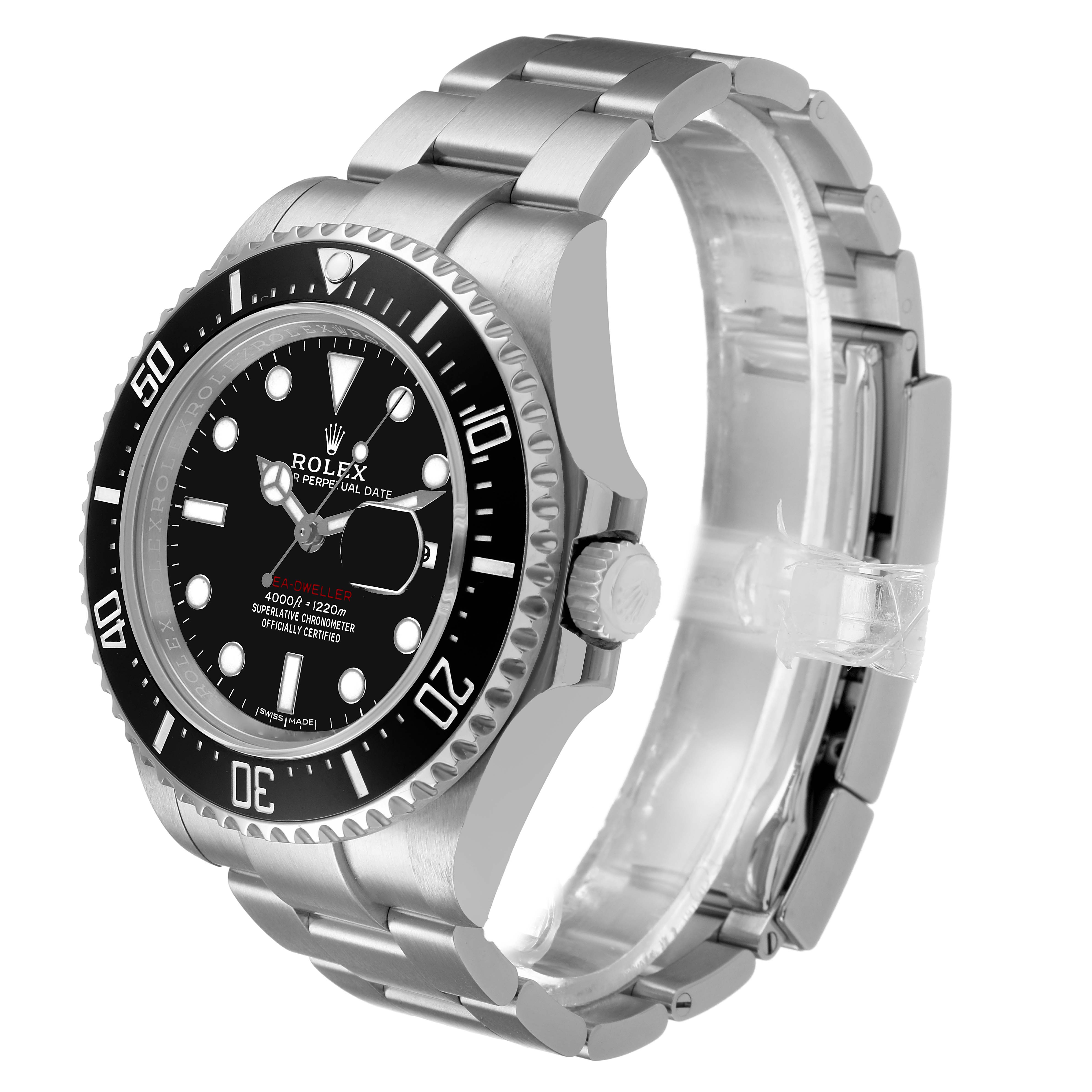 The Rolex Sea-Dweller 126600 Men's Stainless Steel Black Dial watch is shown at a slight angle, highlighting the bezel, dial, bracelet, and crown.