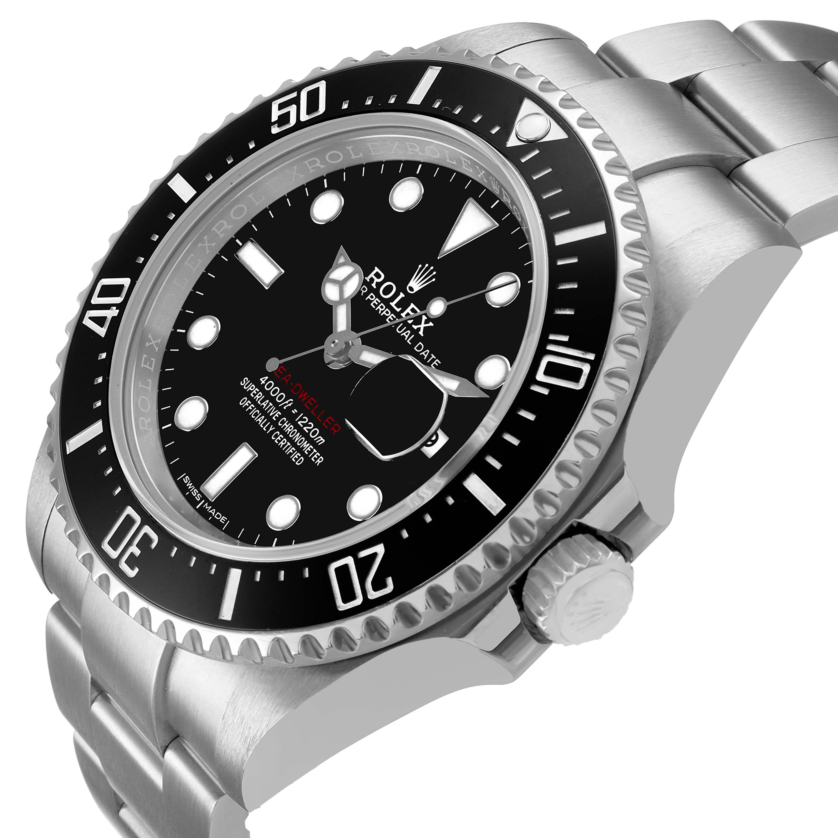 The image shows a top-side angle of the Rolex Sea-Dweller 126600 Men's Stainless Steel Black Dial, highlighting the bezel, dial, bracelet, and crown.