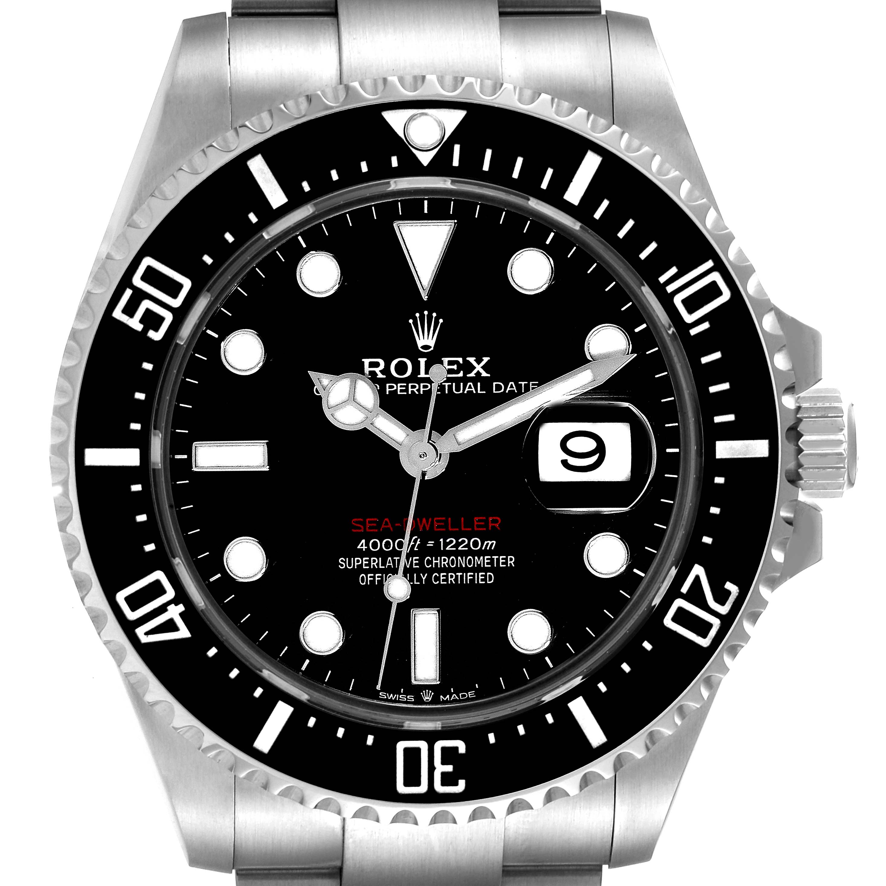 The image shows a front view of the Rolex Sea-Dweller 126600 Men's Stainless Steel Black Dial 126600 Men's Stainless Steel Black Dial watch, highlighting its dial, bezel, and stainless steel bracelet.