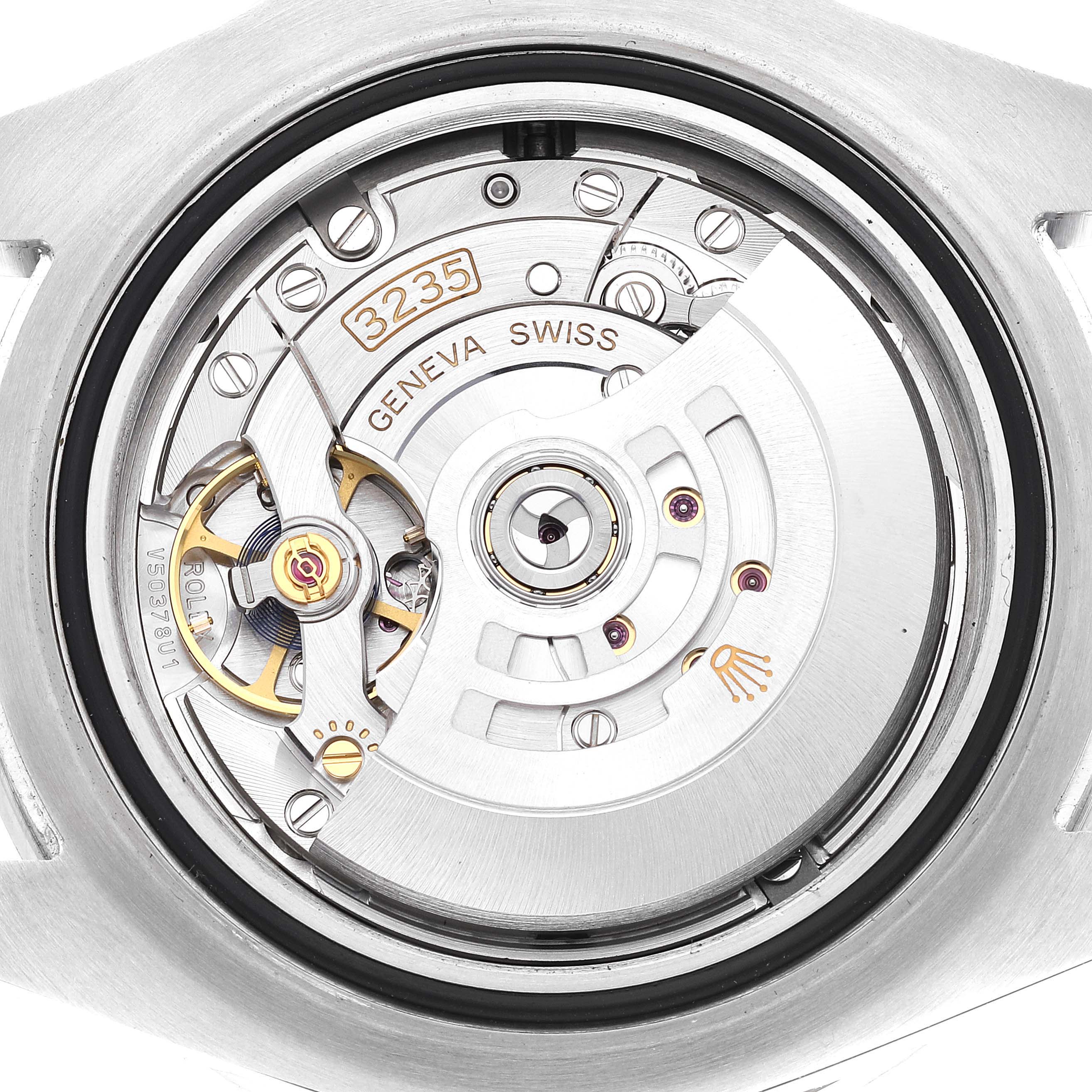 This image shows the back view of a Sea-Dweller Rolex watch, revealing its 3235 movement.