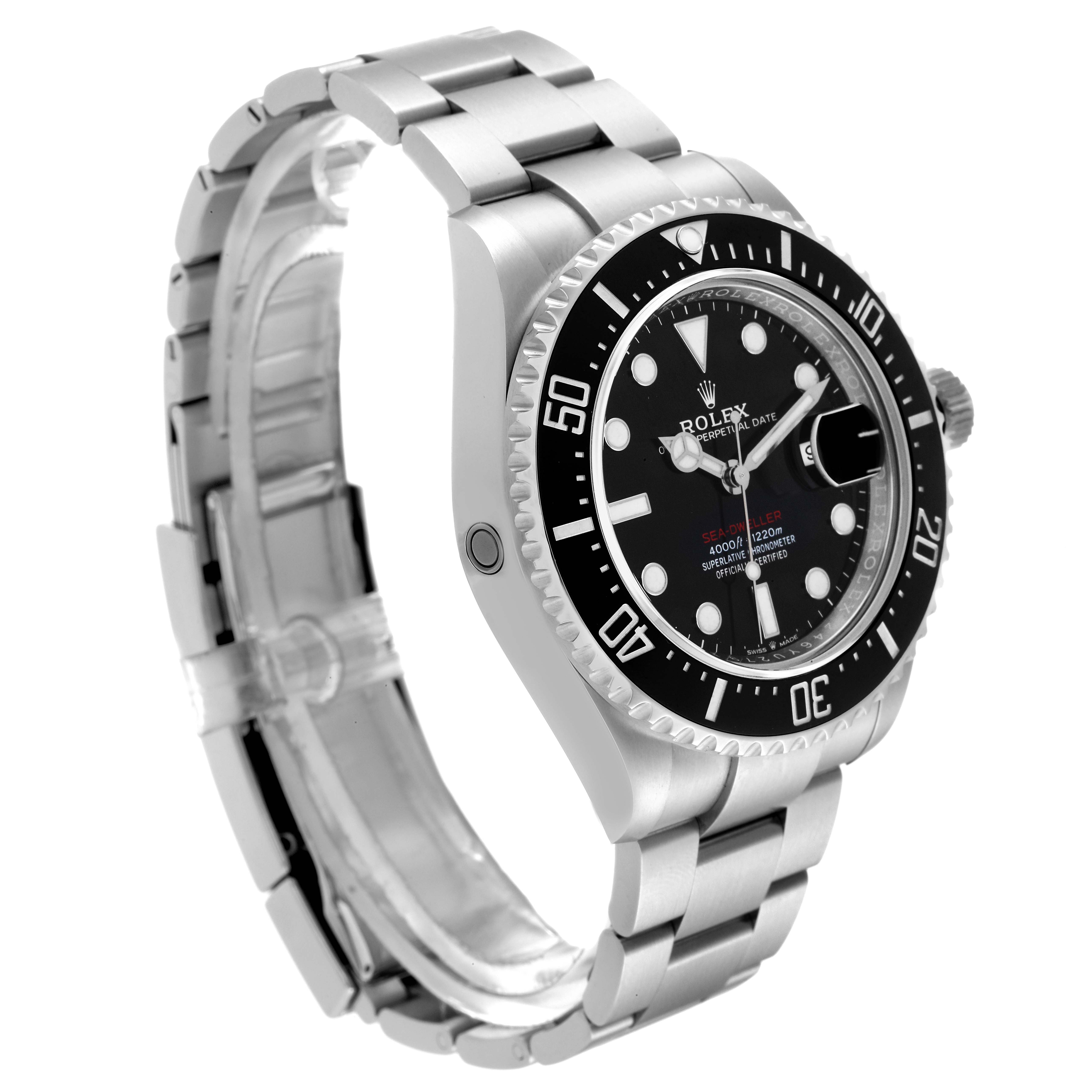This image shows a Rolex Sea-Dweller 126600 Men's Stainless Steel Black Dial 126600 Men's Stainless Steel Black Dial watch at a three-quarter angle, highlighting the dial, bezel, case, and bracelet.
