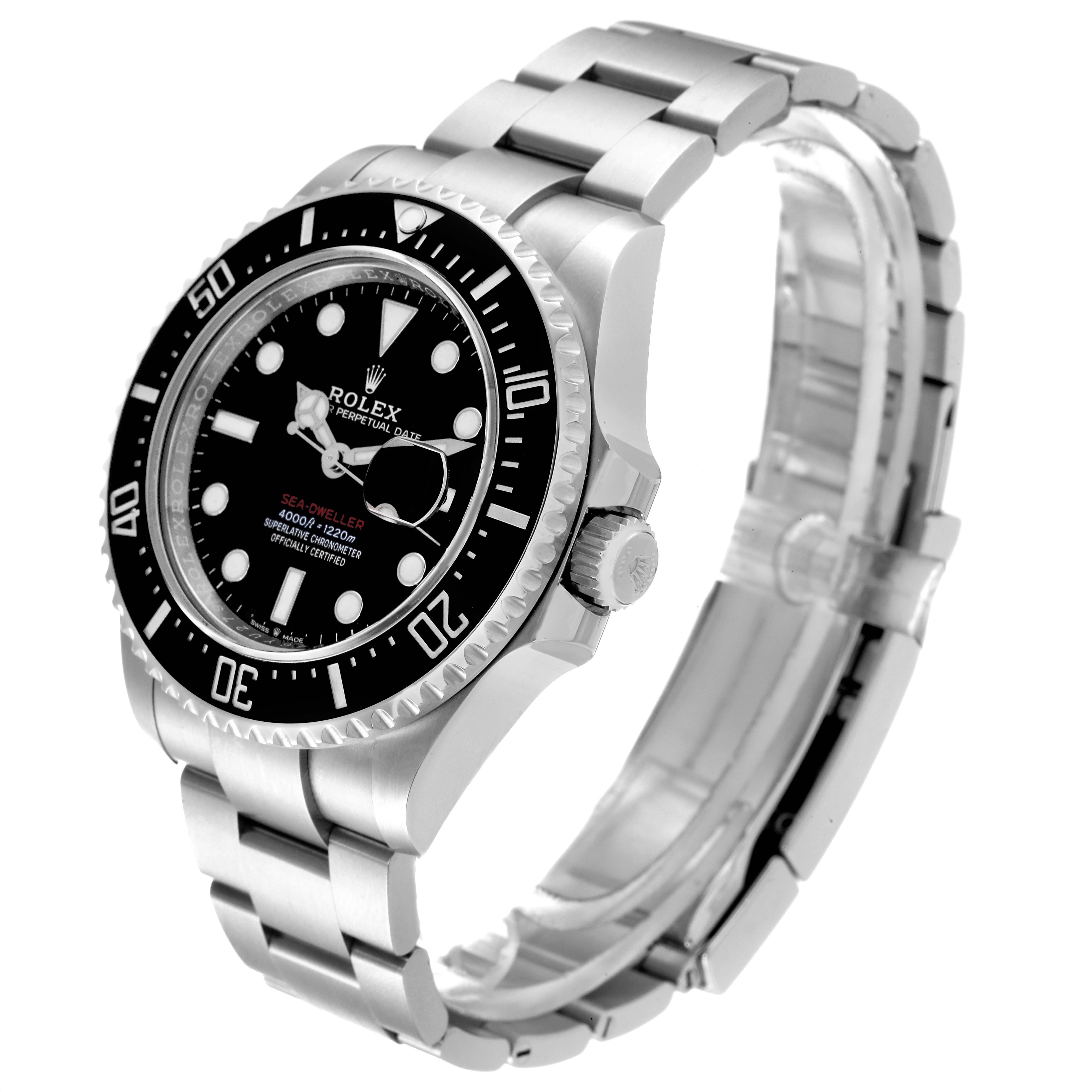 The image shows a Rolex Sea-Dweller 126600 Men's Stainless Steel Black Dial 126600 Men's Stainless Steel Black Dial watch at an angled side view, displaying its face, bezel, crown, and bracelet.