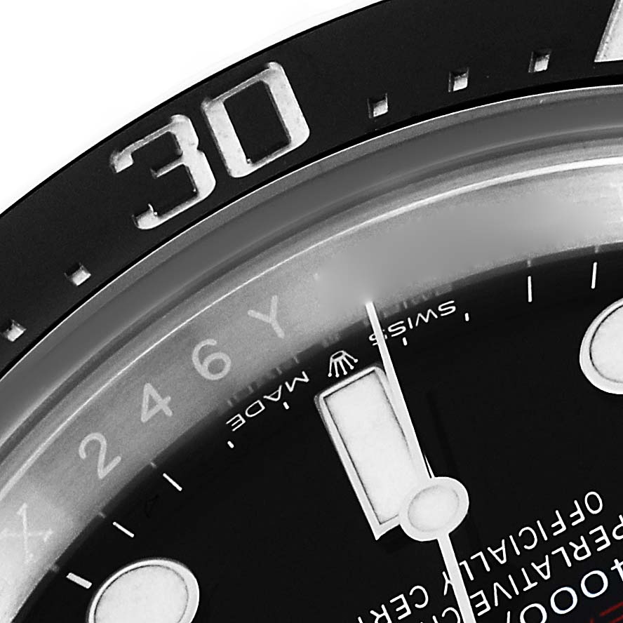This image shows a close-up of the bezel and dial of the Rolex Sea-Dweller 126600 Men's Stainless Steel Black Dial 126600 Men's Stainless Steel Black Dial watch, specifically highlighting the "30" minute marker.