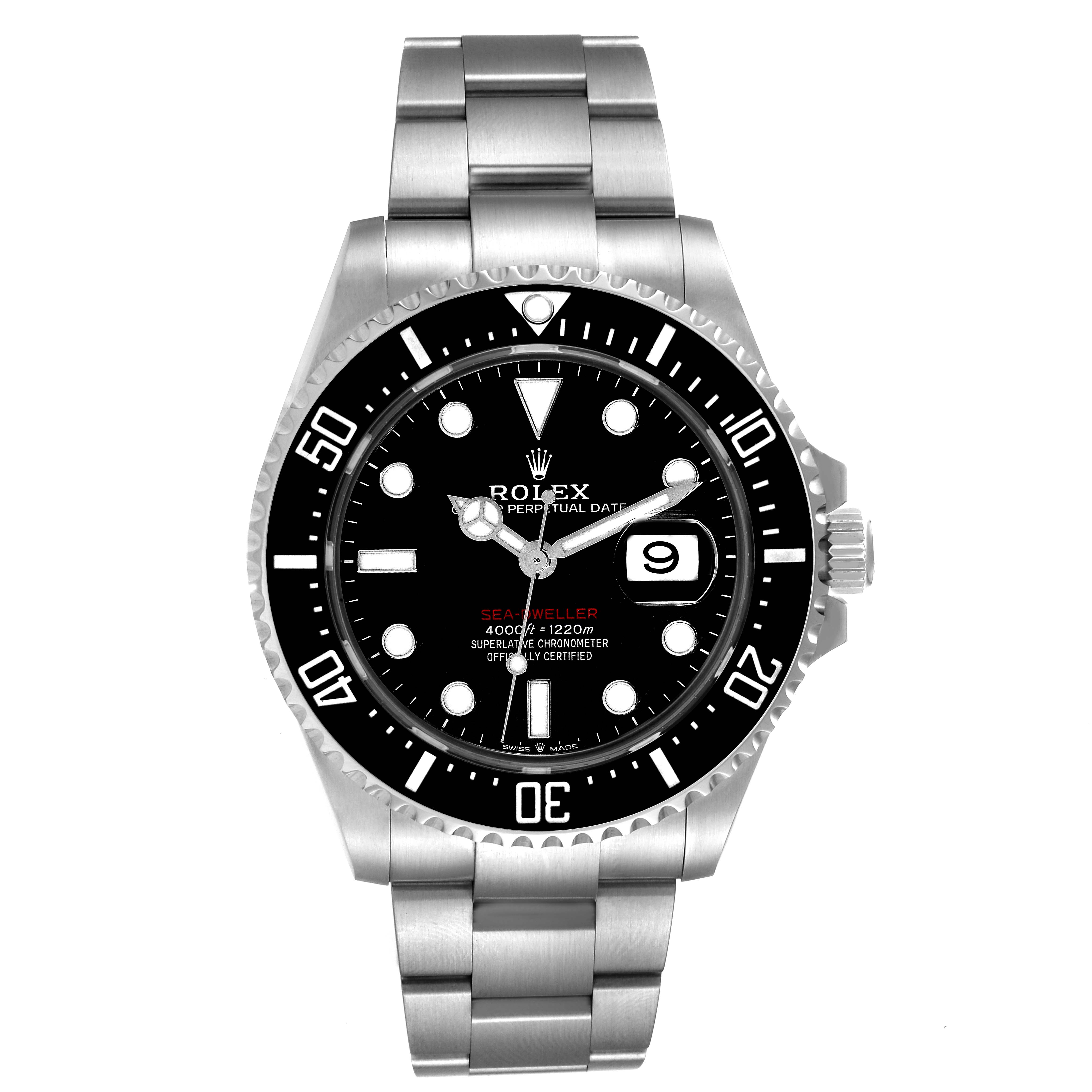 The image shows a front view of a Rolex Sea-Dweller 126600 Men's Stainless Steel Black Dial 126600 Men's Stainless Steel Black Dial watch, highlighting the dial, bezel, and stainless steel bracelet.
