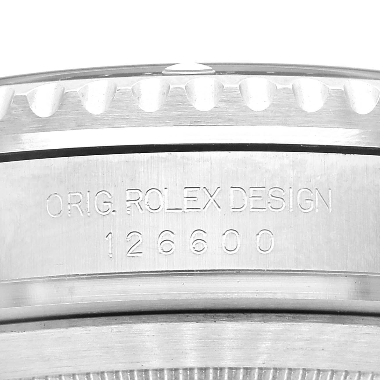 This image shows a close-up of the model number "126600" engraved on the side of a Rolex Sea-Dweller 126600 Men's Stainless Steel Black Dial 126600 Men's Stainless Steel Black Dial watch case.