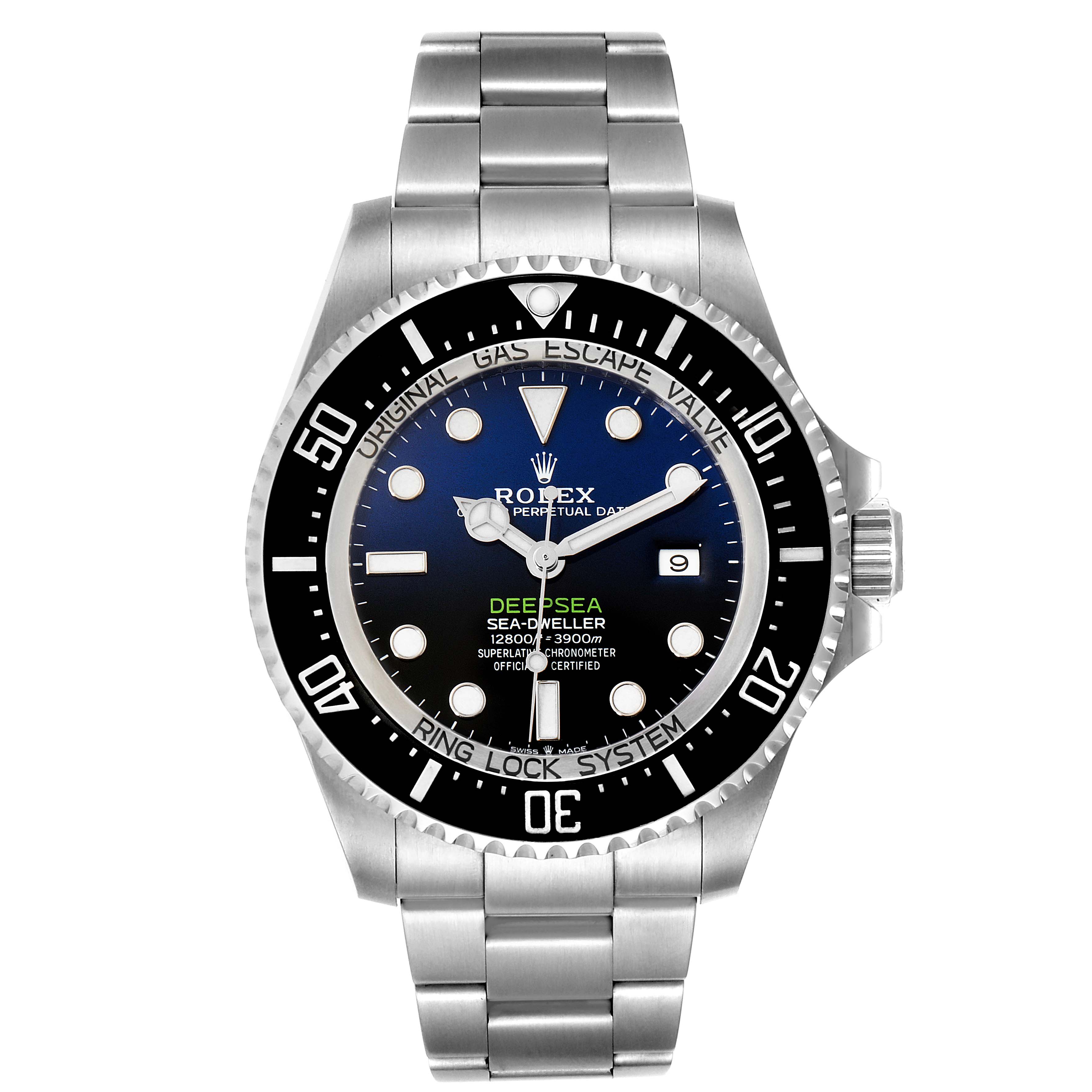 The Rolex Sea-Dweller 126660 Men
s Stainless Steel Blue Dial 126660 Men
s Stainless Steel Blue Dial watch is shown from a front angle, displaying its face, bezel, and bracelet.