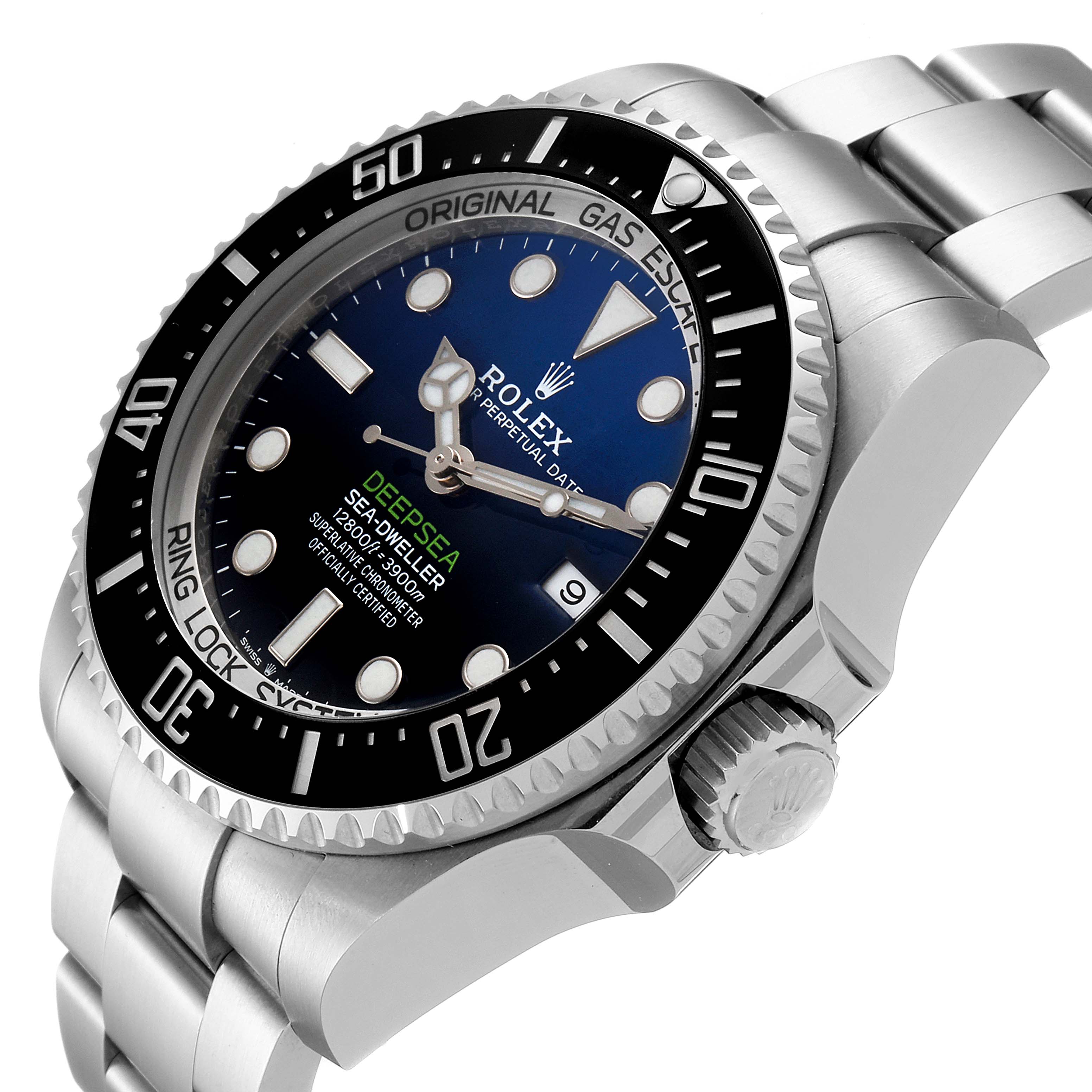 This image shows a close-up, angled view of the Rolex Sea-Dweller 126660 Men
s Stainless Steel Blue Dial 126660 Men
s Stainless Steel Blue Dial
s face, bezel, crown, and part of the bracelet.