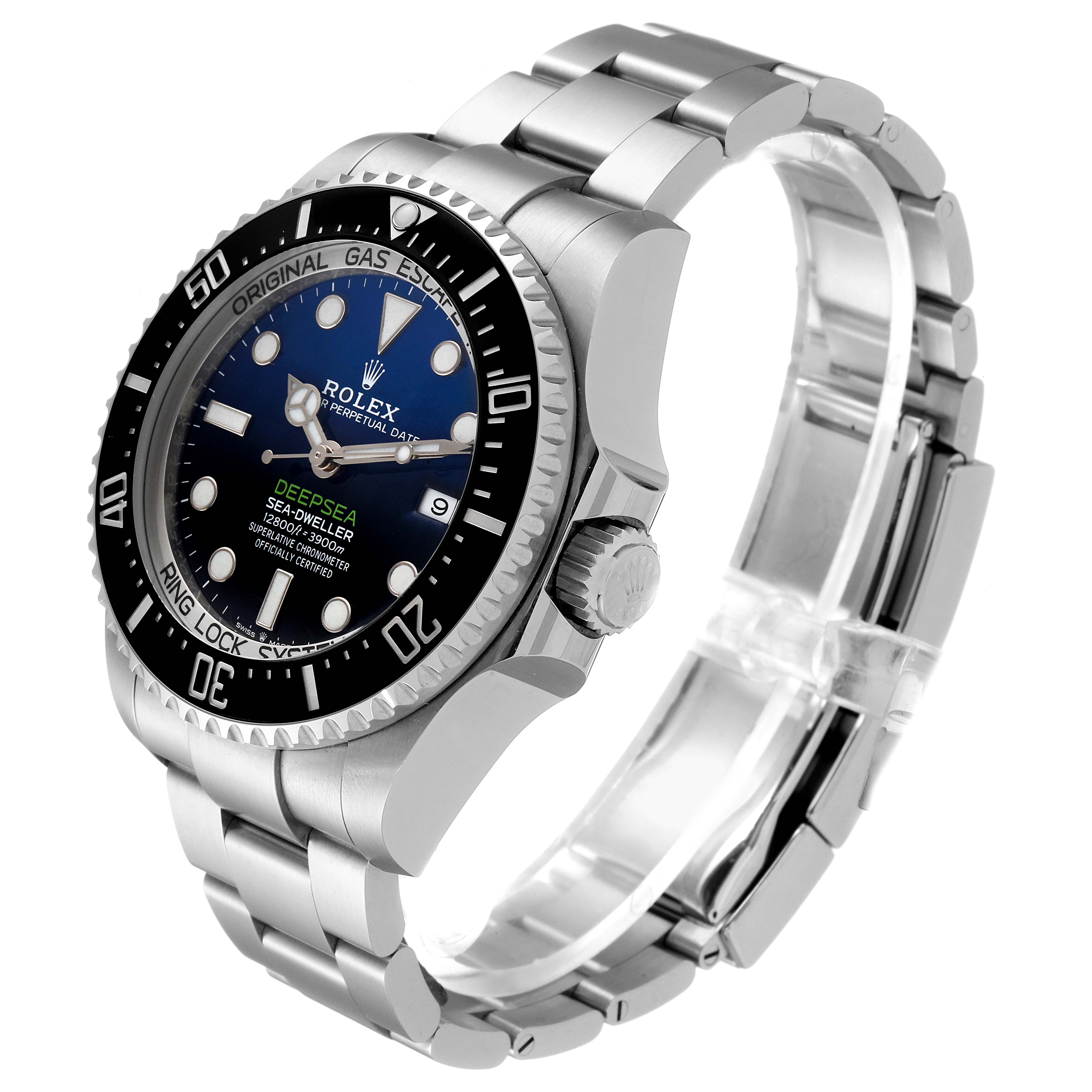 The Sea-Dweller model by Rolex is shown from a side angle, revealing the stainless steel case, bezel, bracelet, and crown.