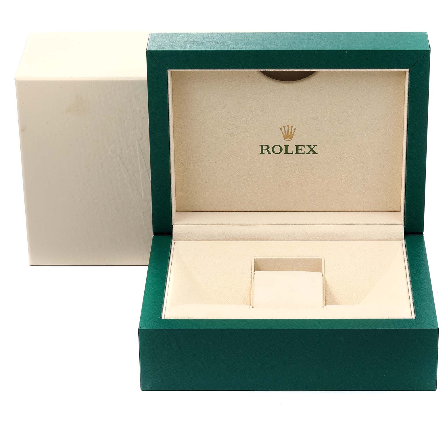 The image shows an open Rolex watch box, specifically for the Sea-Dweller model, with the outer box partially visible.