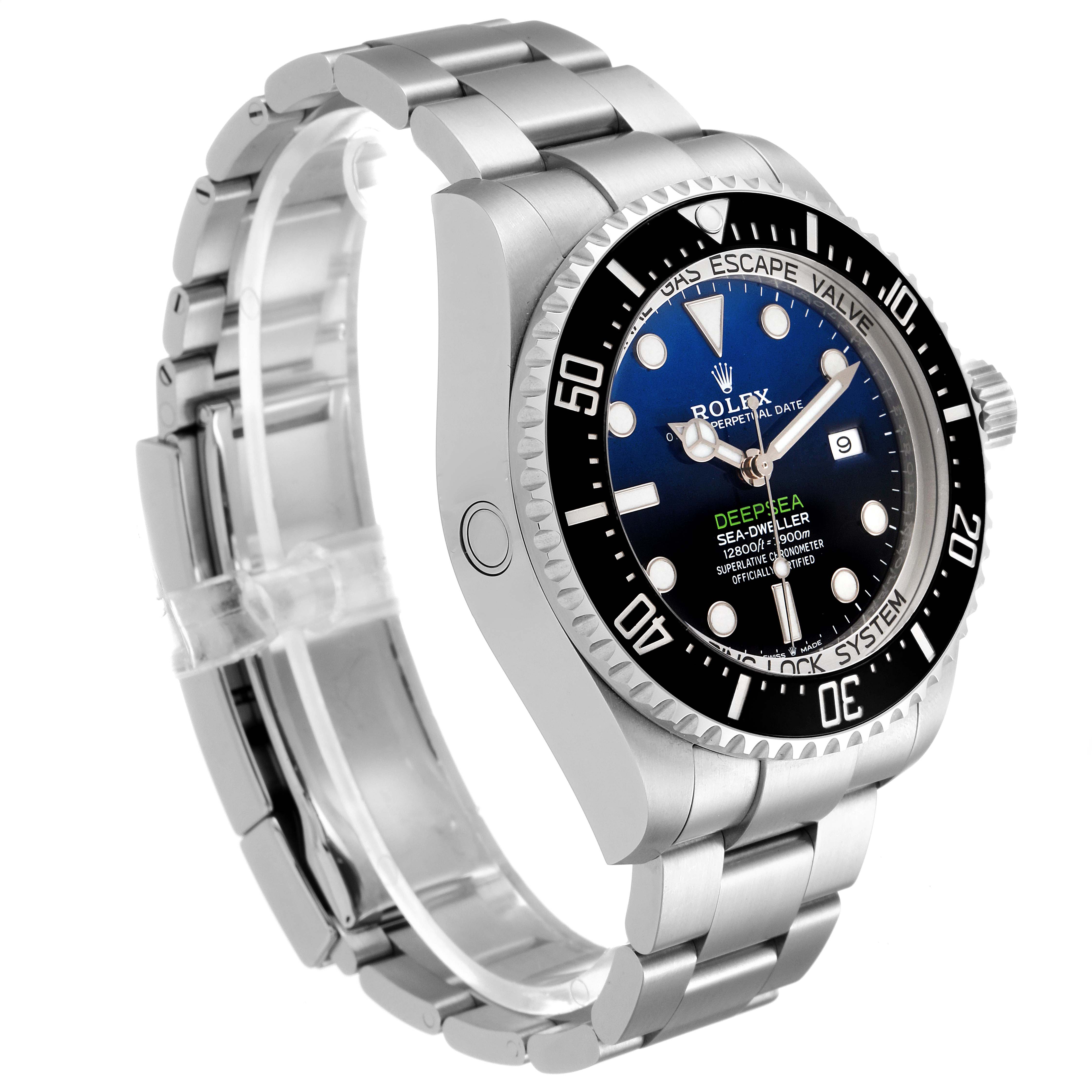 This image shows a side angle of the Rolex Sea-Dweller 126660 Men
s Stainless Steel Blue Dial 126660 Men
s Stainless Steel Blue Dial watch, highlighting the face, bezel, crown, and bracelet.
