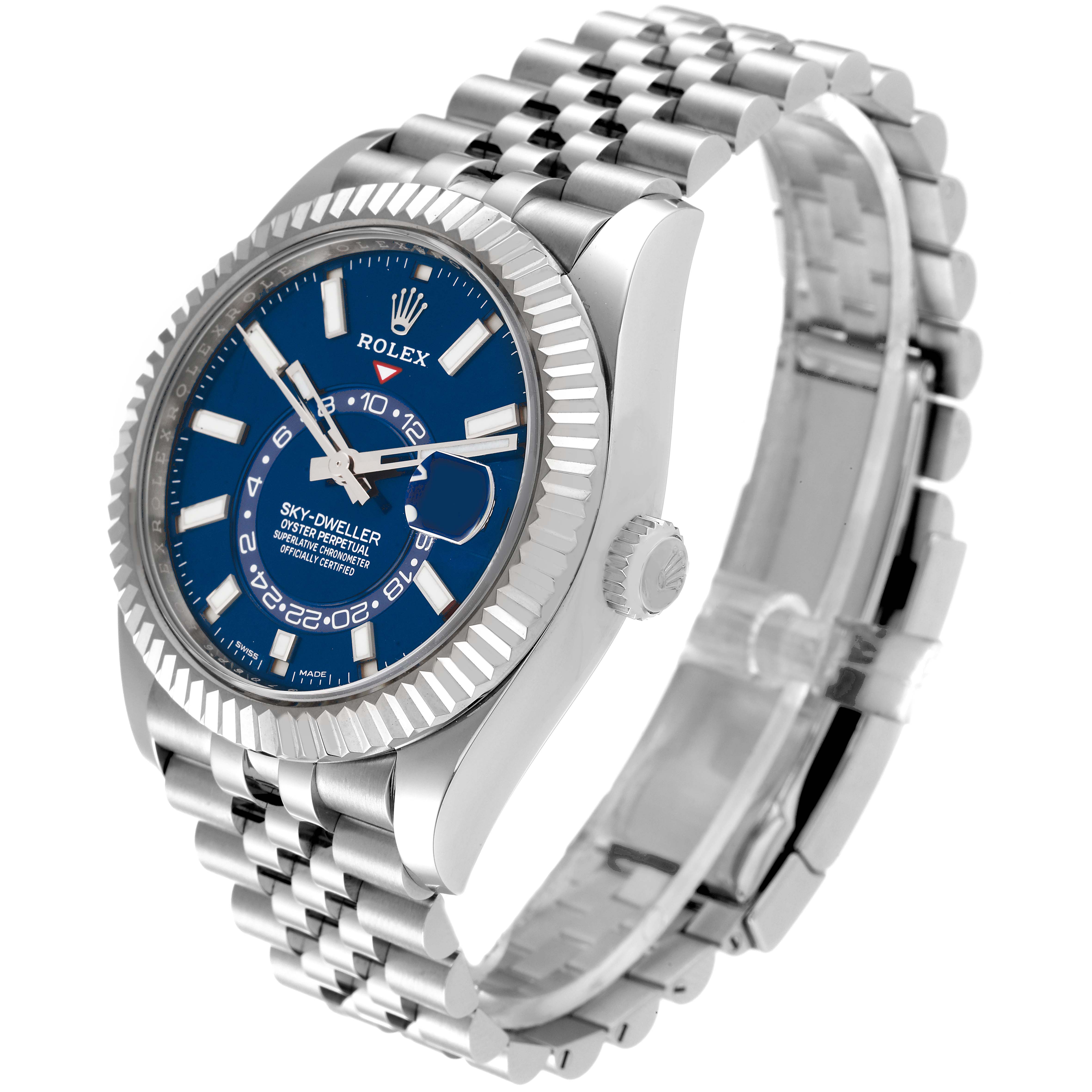 The Rolex Sky-Dweller 326934 Men's Stainless Steel Blue Dial 326934 Men's Stainless Steel Blue Dial watch is shown at an oblique angle highlighting its blue dial, fluted bezel, and Jubilee bracelet.