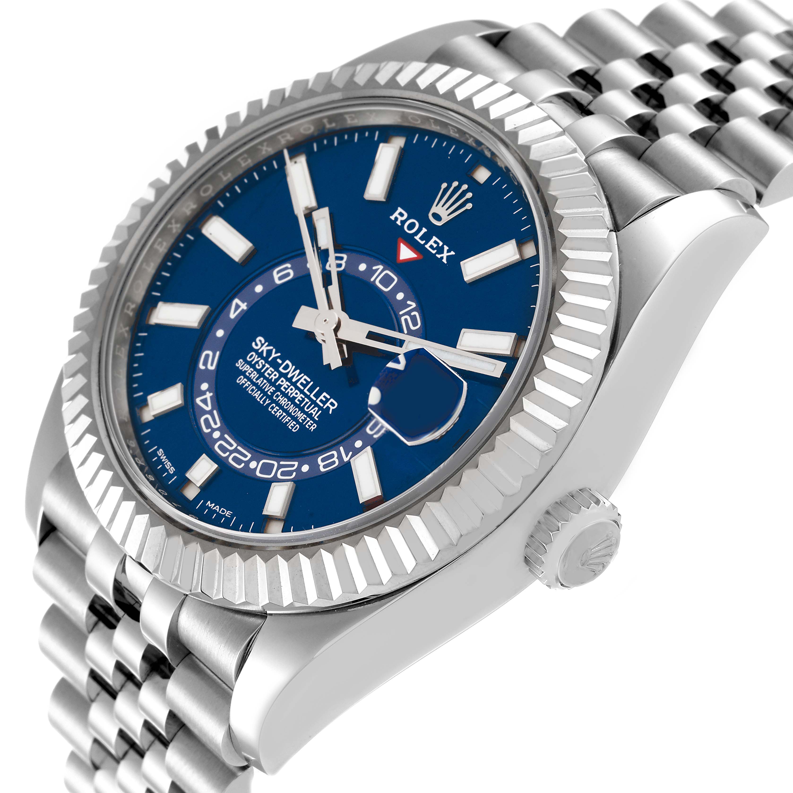 This image showcases a tilted side view of the Rolex Sky-Dweller 326934 Men's Stainless Steel Blue Dial 326934 Men's Stainless Steel Blue Dial watch, highlighting the bezel, blue dial, and bracelet.