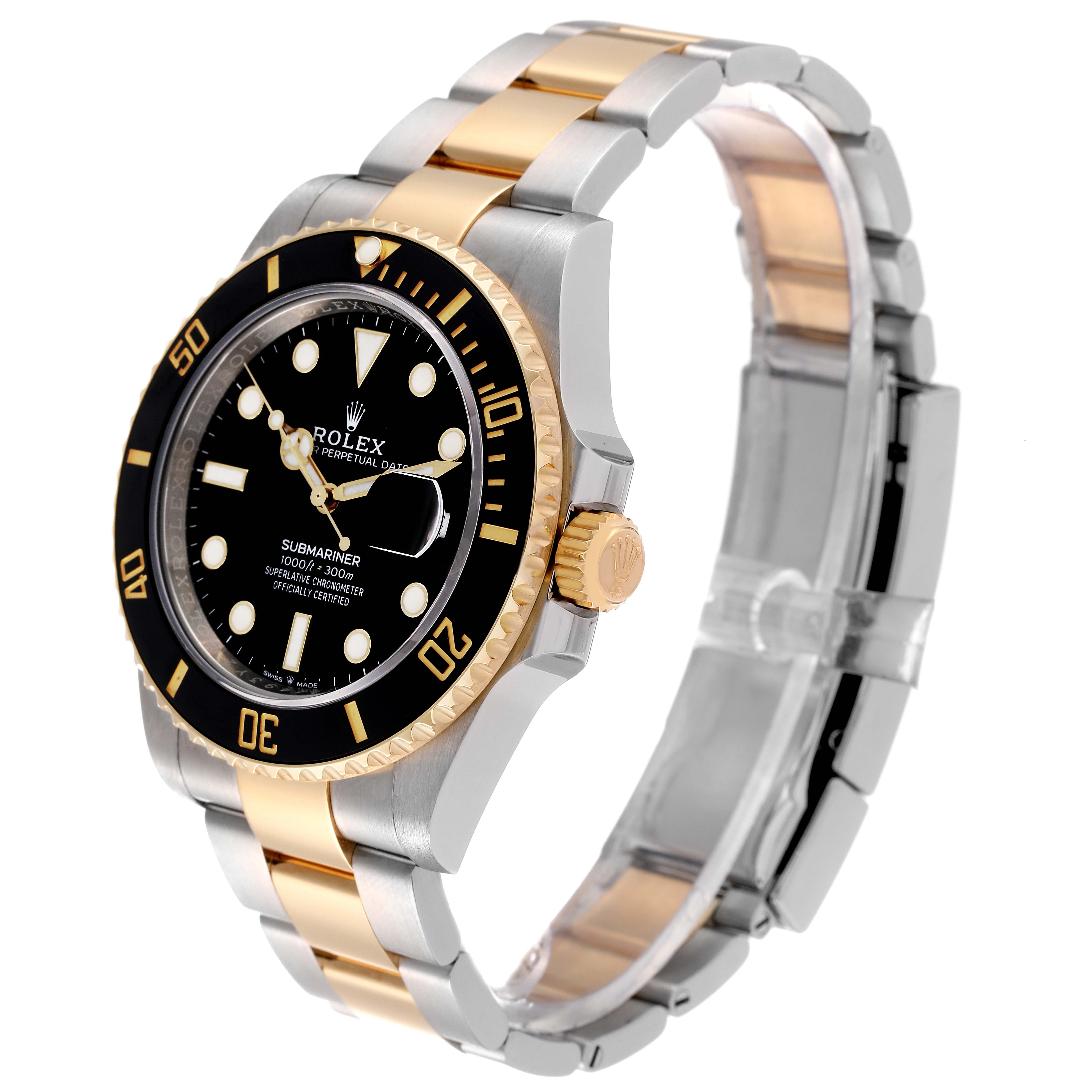 The image shows a Rolex Sea-Dweller 126613 Men
s Steel and Gold (two tone) Black Dial 126613 Men
s Steel and Gold (two tone) Black Dial from an angle highlighting its two-tone bracelet, bezel, dial, and crown.