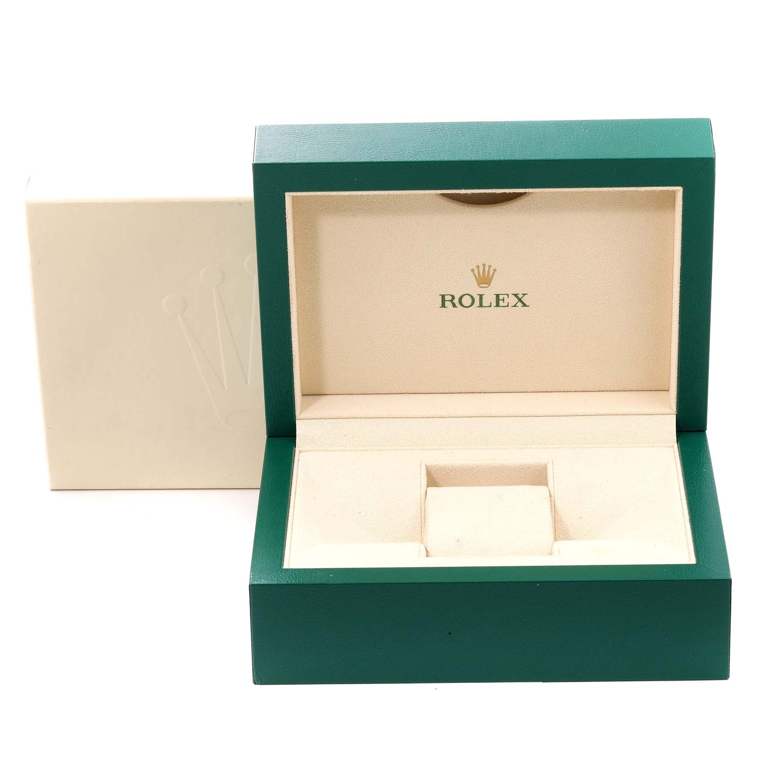 The image shows an open Rolex watch box for the Sea-Dweller model, featuring the green and beige interior with the Rolex logo.