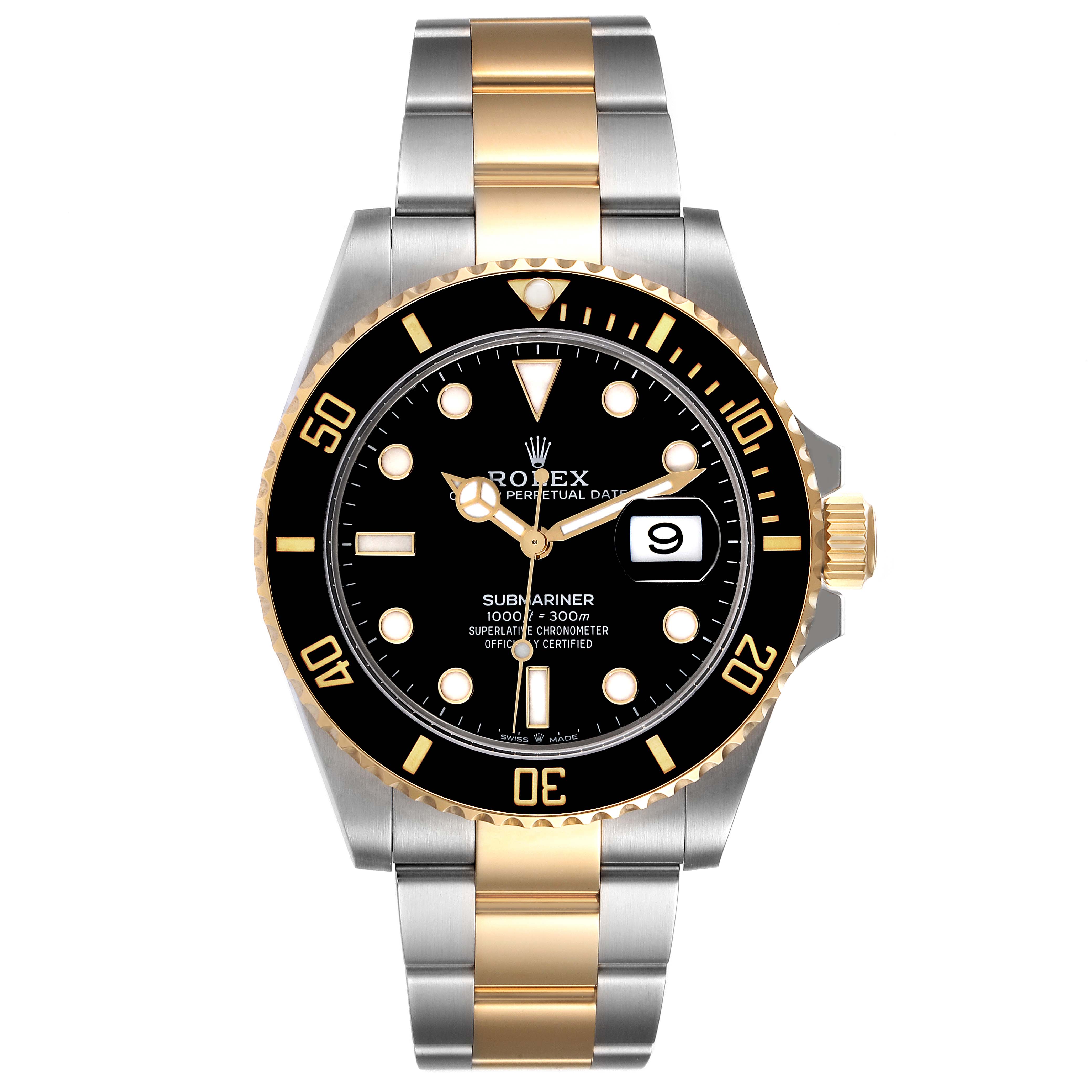 The image shows a frontal view of the Rolex Sea-Dweller 126613 Men
s Steel and Gold (two tone) Black Dial 126613 Men
s Steel and Gold (two tone) Black Dial watch, highlighting its black dial, date window, and two-tone metal bracelet.