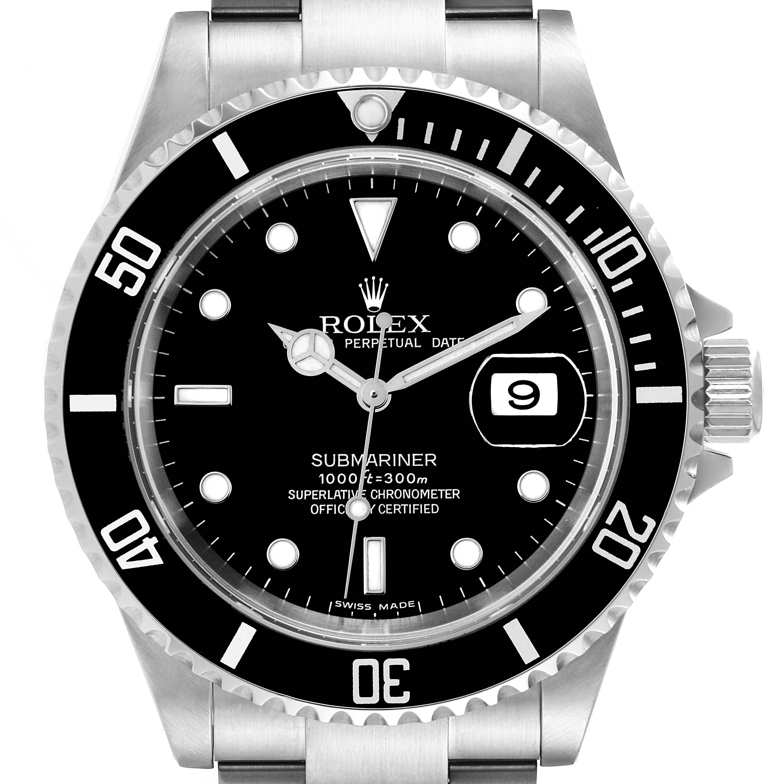 The image shows a frontal view of a Rolex Submariner 16610 Men
s Stainless Steel Black Dial 16610 Men
s Stainless Steel Black Dial watch, highlighting the dial, bezel, and part of the bracelet.