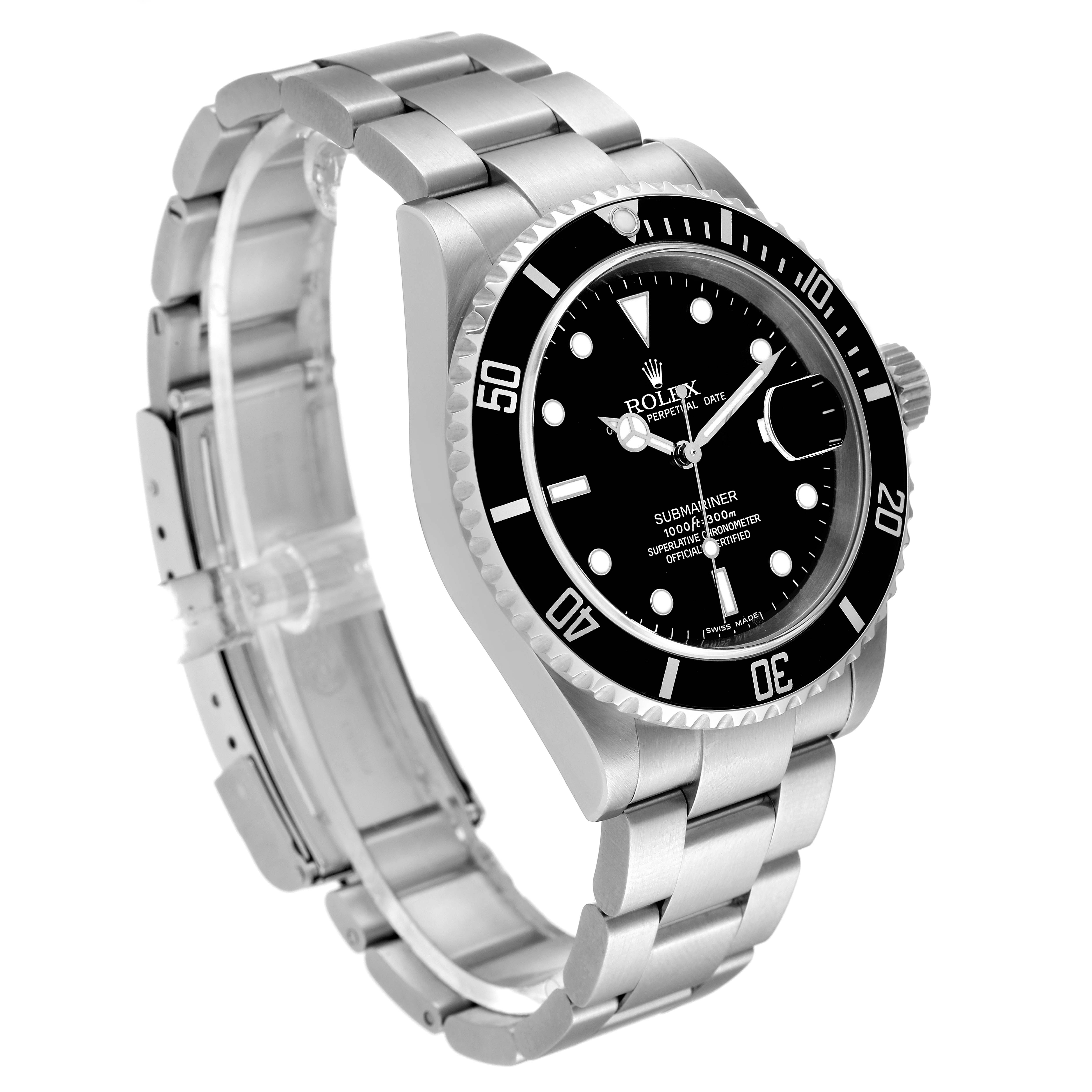 The image shows a Rolex Submariner 16610 Men
s Stainless Steel Black Dial 16610 Men
s Stainless Steel Black Dial watch at a three-quarter angle, highlighting the black dial, bezel, and silver bracelet.
