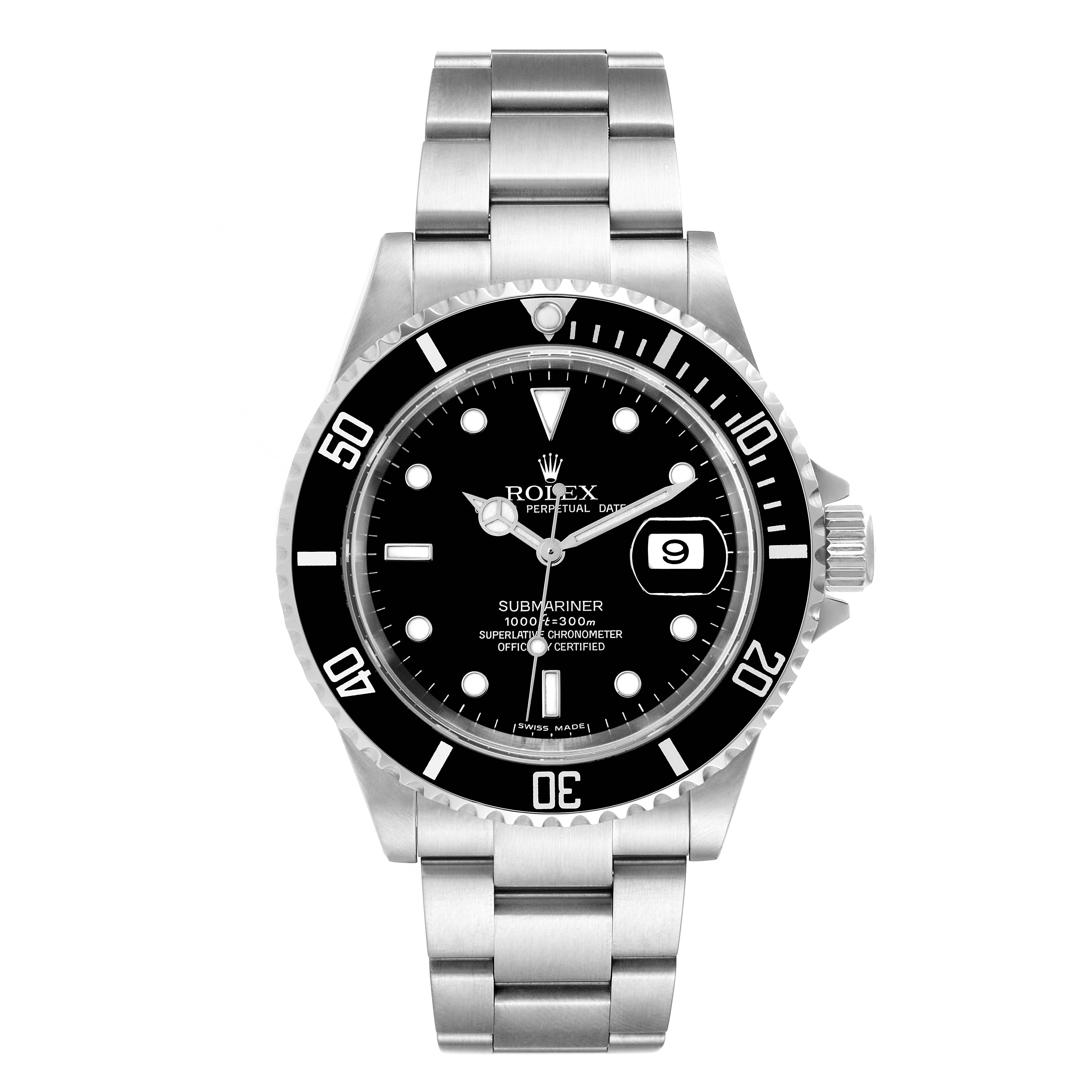 The image shows a front view of the Rolex Submariner 16610 Men
s Stainless Steel Black Dial 16610 Men
s Stainless Steel Black Dial watch, displaying the dial, bezel, and stainless steel bracelet.