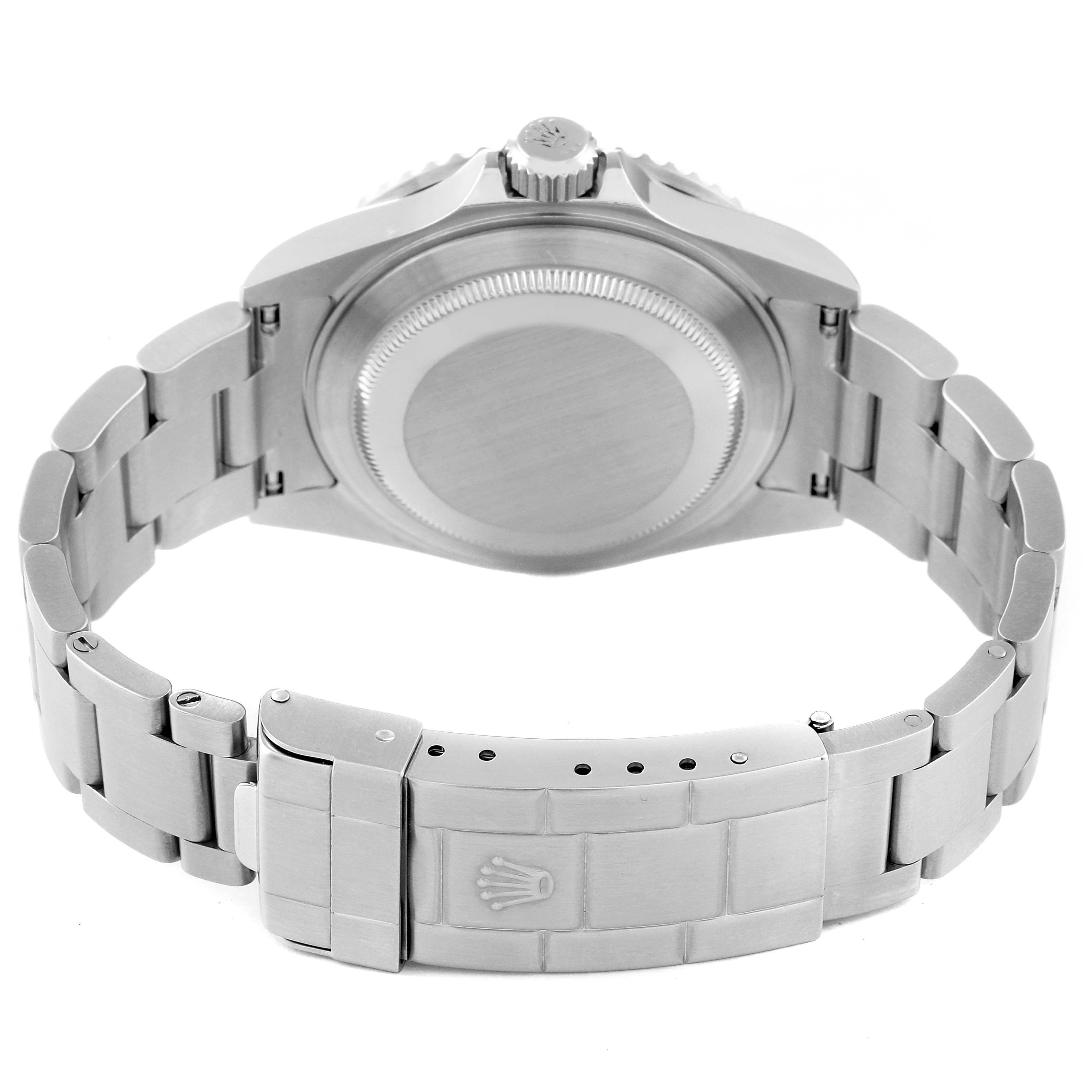 This image shows the back case and metal bracelet of the Rolex Submariner 16610 Men
s Stainless Steel Black Dial 16610 Men
s Stainless Steel Black Dial watch from a rear angle.