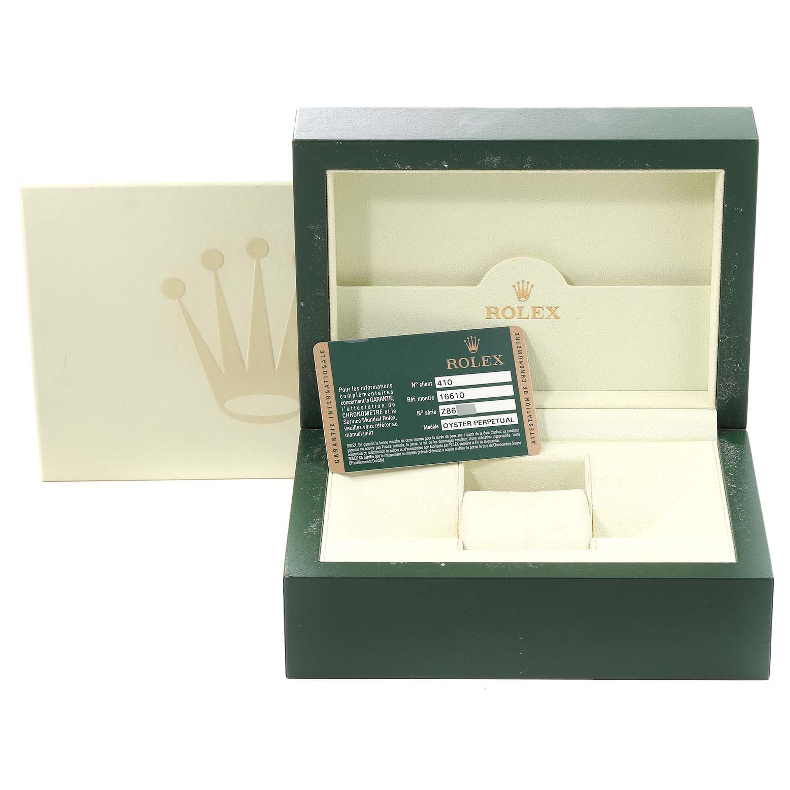 This image shows the Rolex Submariner 16610 Men
s Stainless Steel Black Dial 16610 Men
s Stainless Steel Black Dial watch box and Best Quality
ity card from a frontal angle.