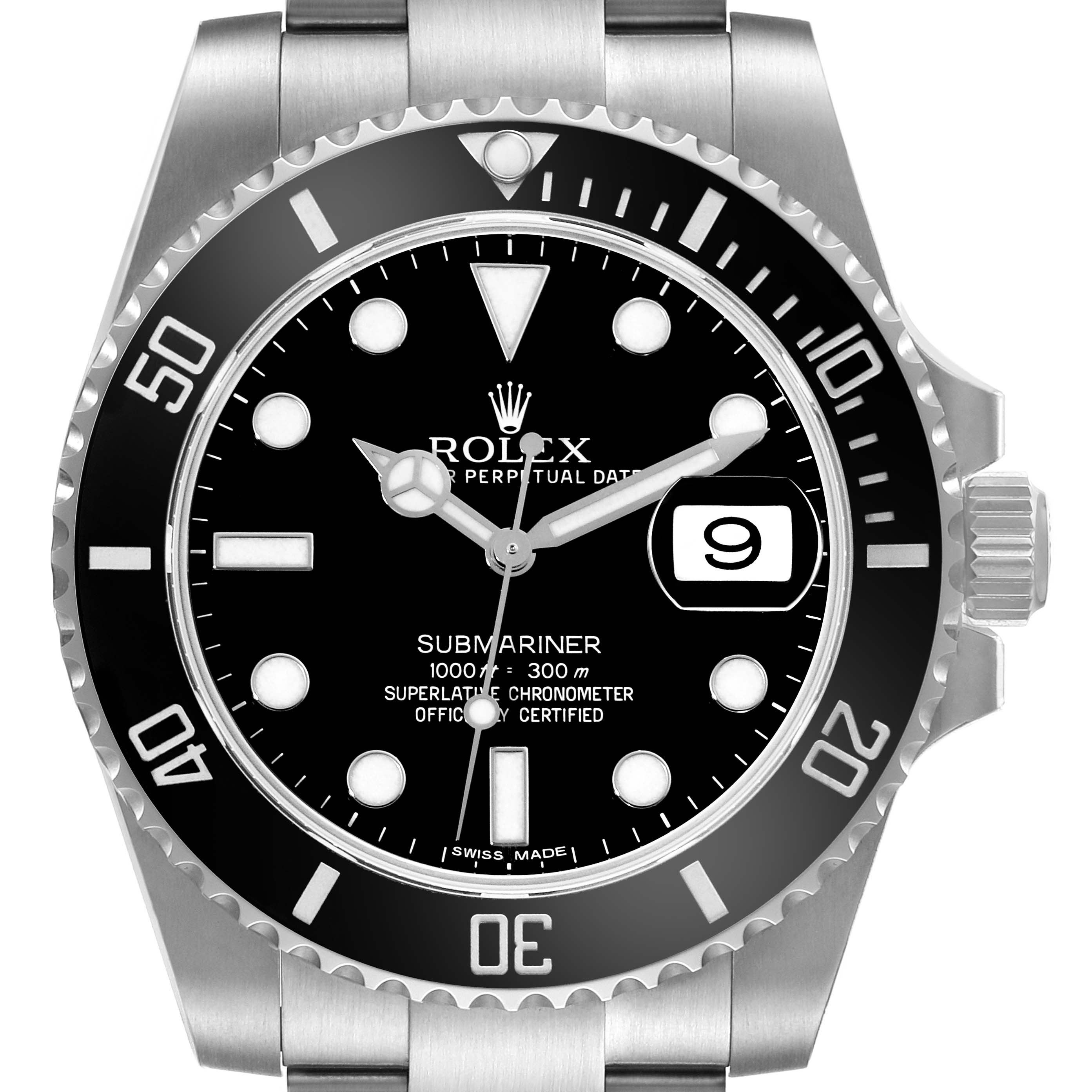This image displays a front view of a Rolex Submariner 116610 Men
s Stainless Steel Black Dial 116610 Men
s Stainless Steel Black Dial watch, highlighting its dial, bezel, date window, and bracelet.