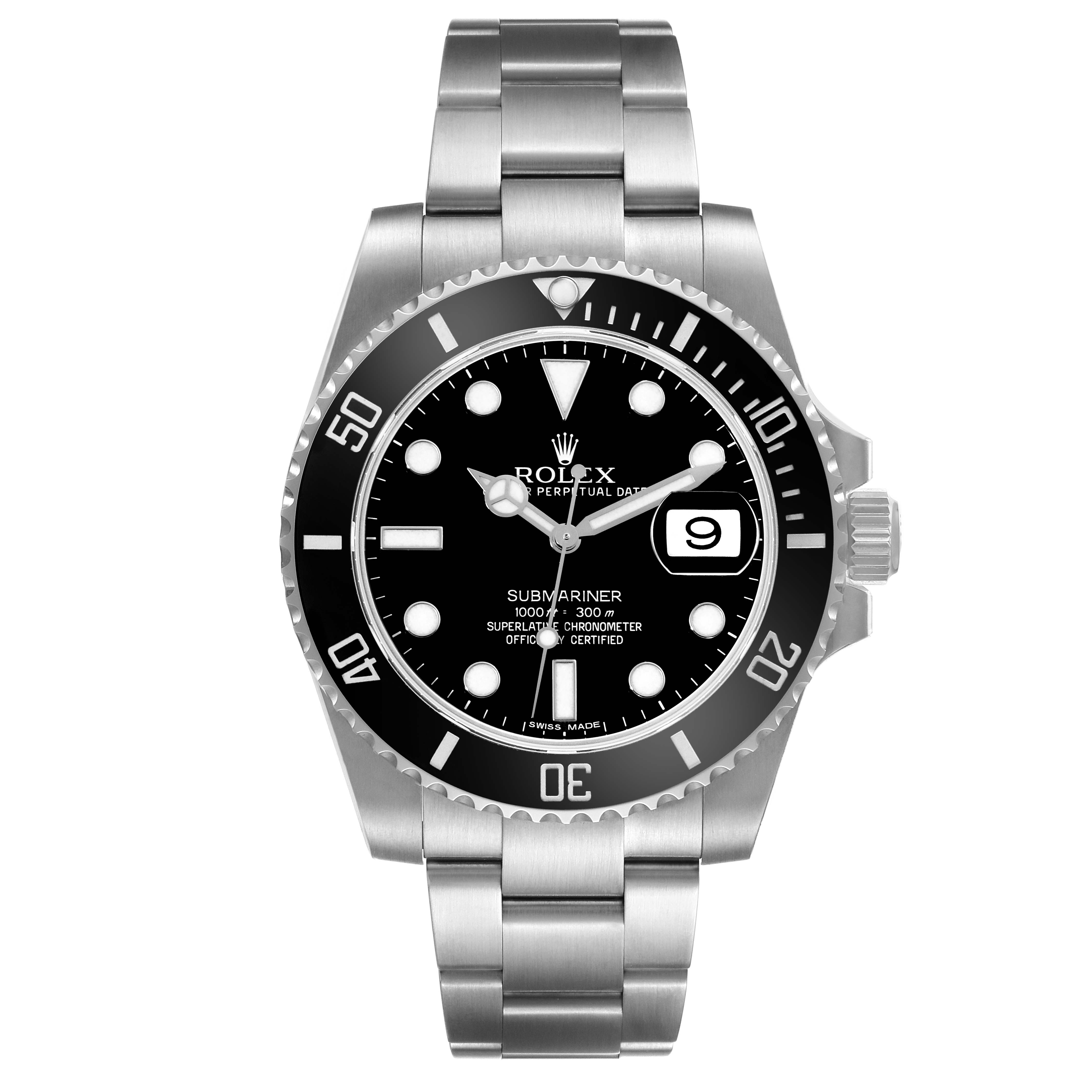 This image shows a front view of a Rolex Submariner 116610 Men
s Stainless Steel Black Dial 116610 Men
s Stainless Steel Black Dial watch, displaying its face, bezel, and stainless steel bracelet.