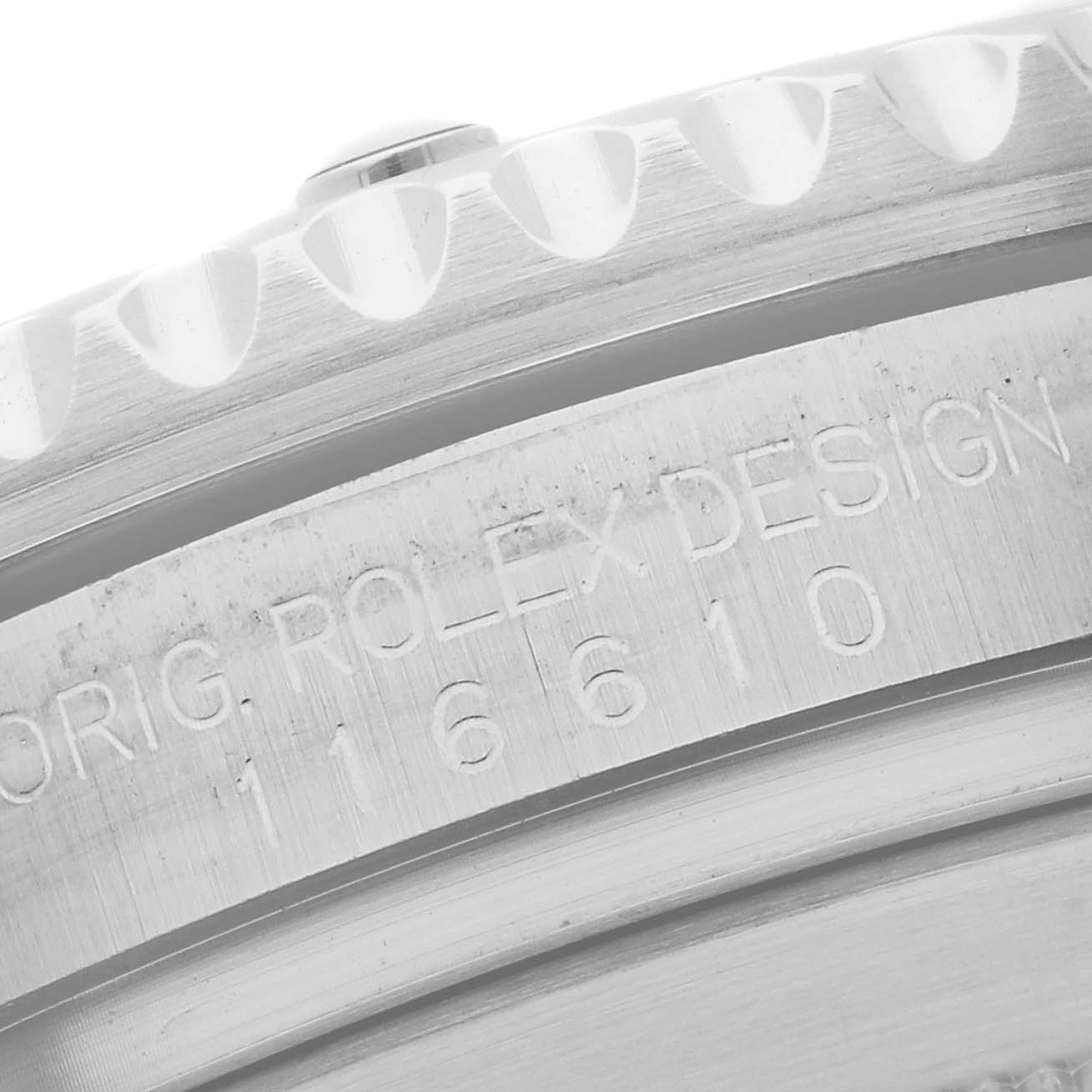 The image shows a close-up of the engraving and bezel on a Rolex Submariner 116610 Men
s Stainless Steel Black Dial 116610 Men
s Stainless Steel Black Dial watch.