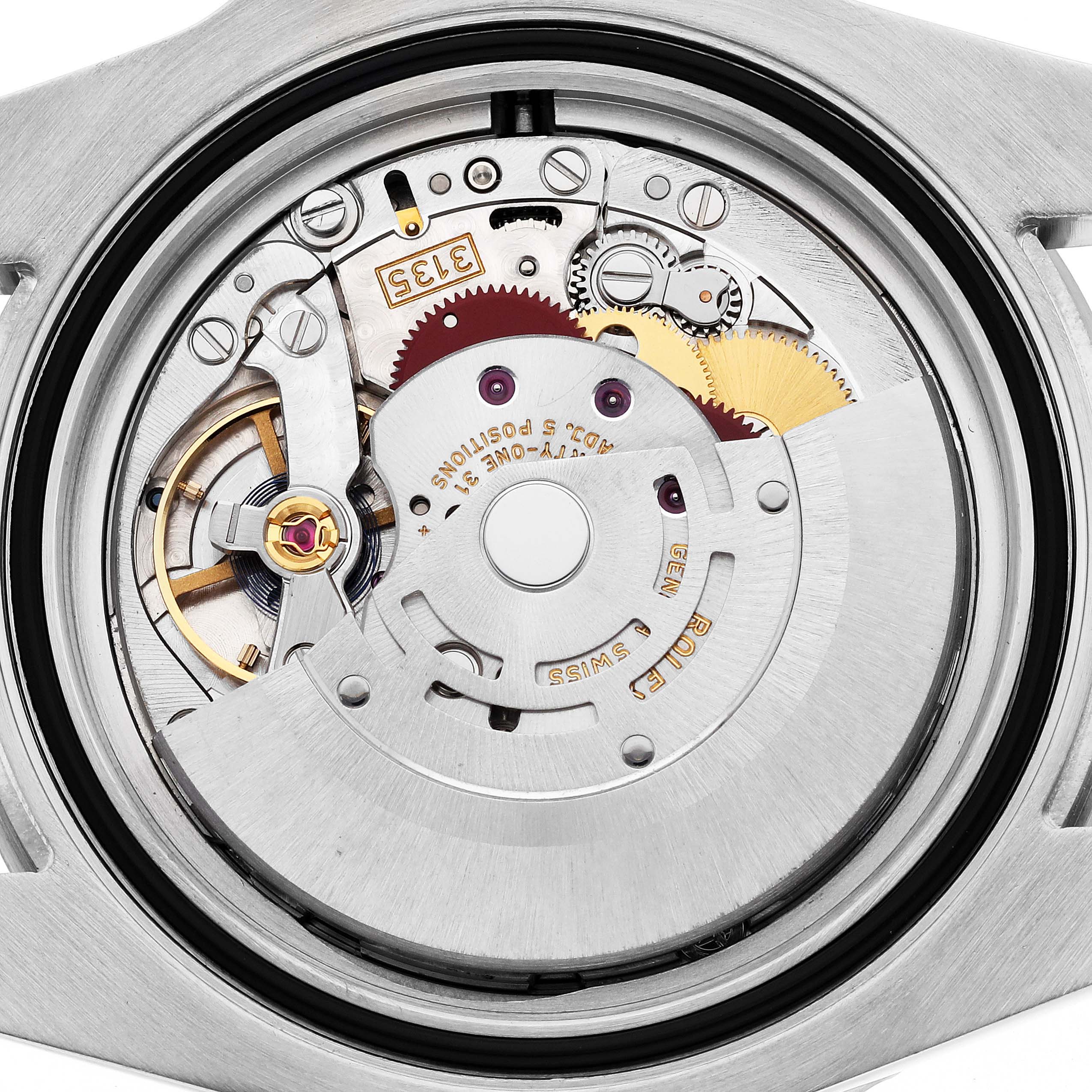 This image shows the detailed internal movement of a Rolex Submariner 116610 Men
s Stainless Steel Black Dial 116610 Men
s Stainless Steel Black Dial watch from a top-down perspective.